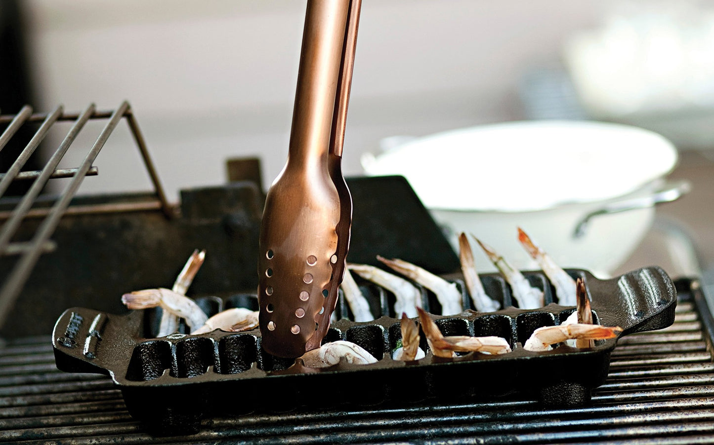 Outset 76375 Cast Iron Shrimp Pan, Shrimp Grill Pan Black 6.25 x 13.25 x 2 inches
