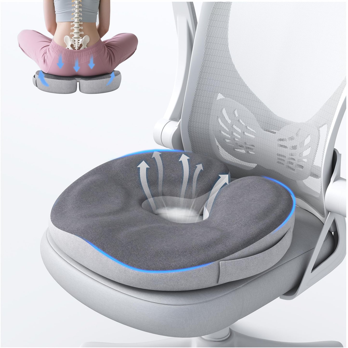 Auoketuo Memory Foam Donut Seat Cushion, Y-Shaped Coccyx Cushion for Tailbone Pressure Relief, Office Chair Cushion, Car Seat Cushion, Wheelchair Seat Cushion, Ergonomic Pillow for Long Sitting (Grey)
