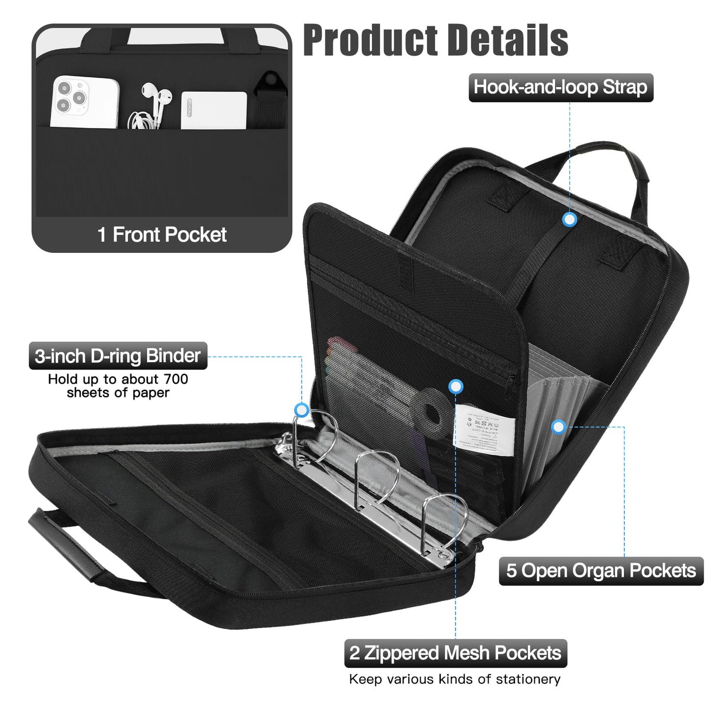 MoKo Zipper Binder, 3 Inch 3 Ring Binder with 5-Tab Expanding File, 700 Sheets Capacity & Shoulder Strap & Handle, Multi-Pocket Zipper Organizer for Middle School, Black