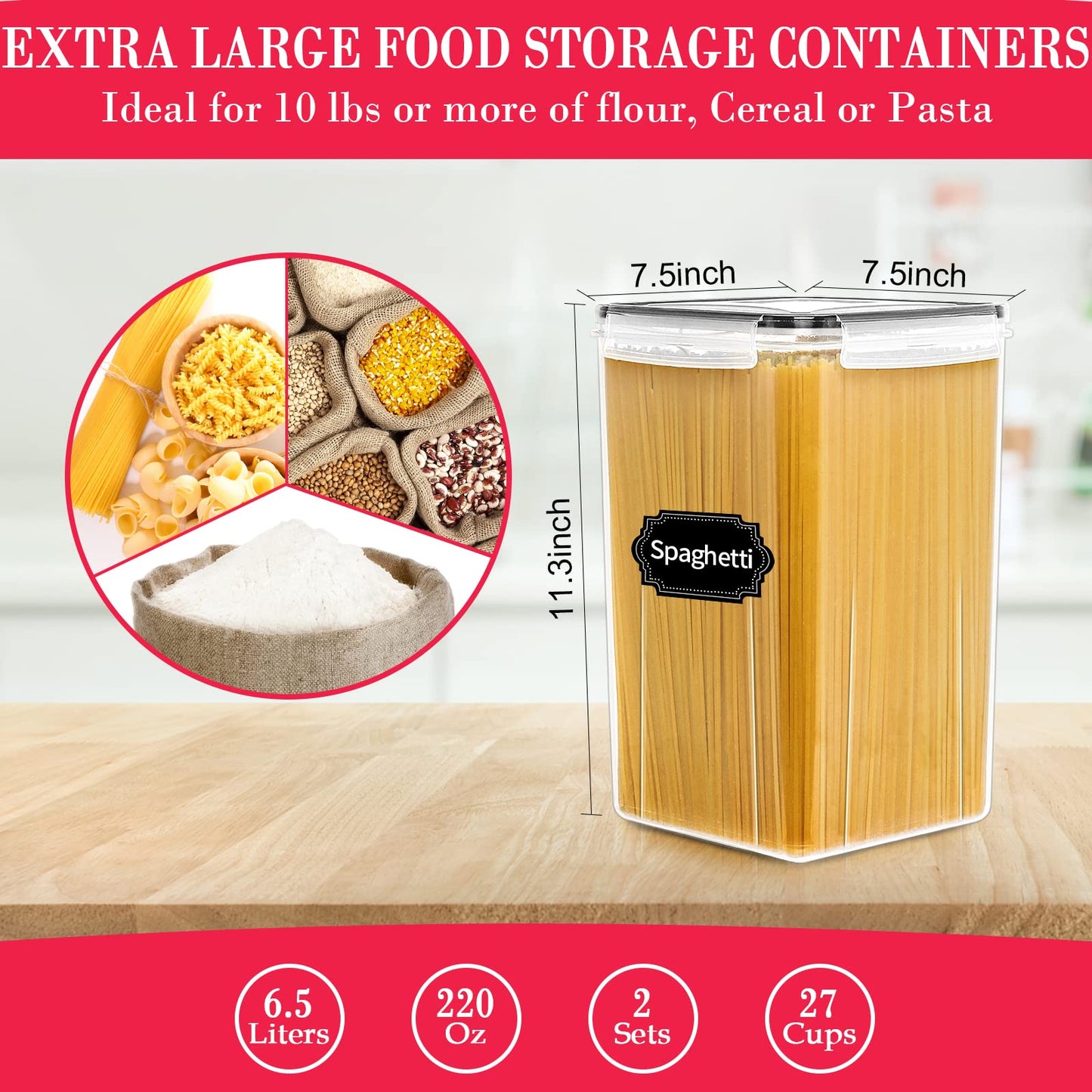 Extra Large Food Storage Containers with Lids-6.5L |220 OZ| 2PCS- CEKEE Large Airtight Plastic Food Canisters for Flour, Sugar, Rice, Cereal & Pasta, Bulk Food Storage for Kitchen Pantry Organization