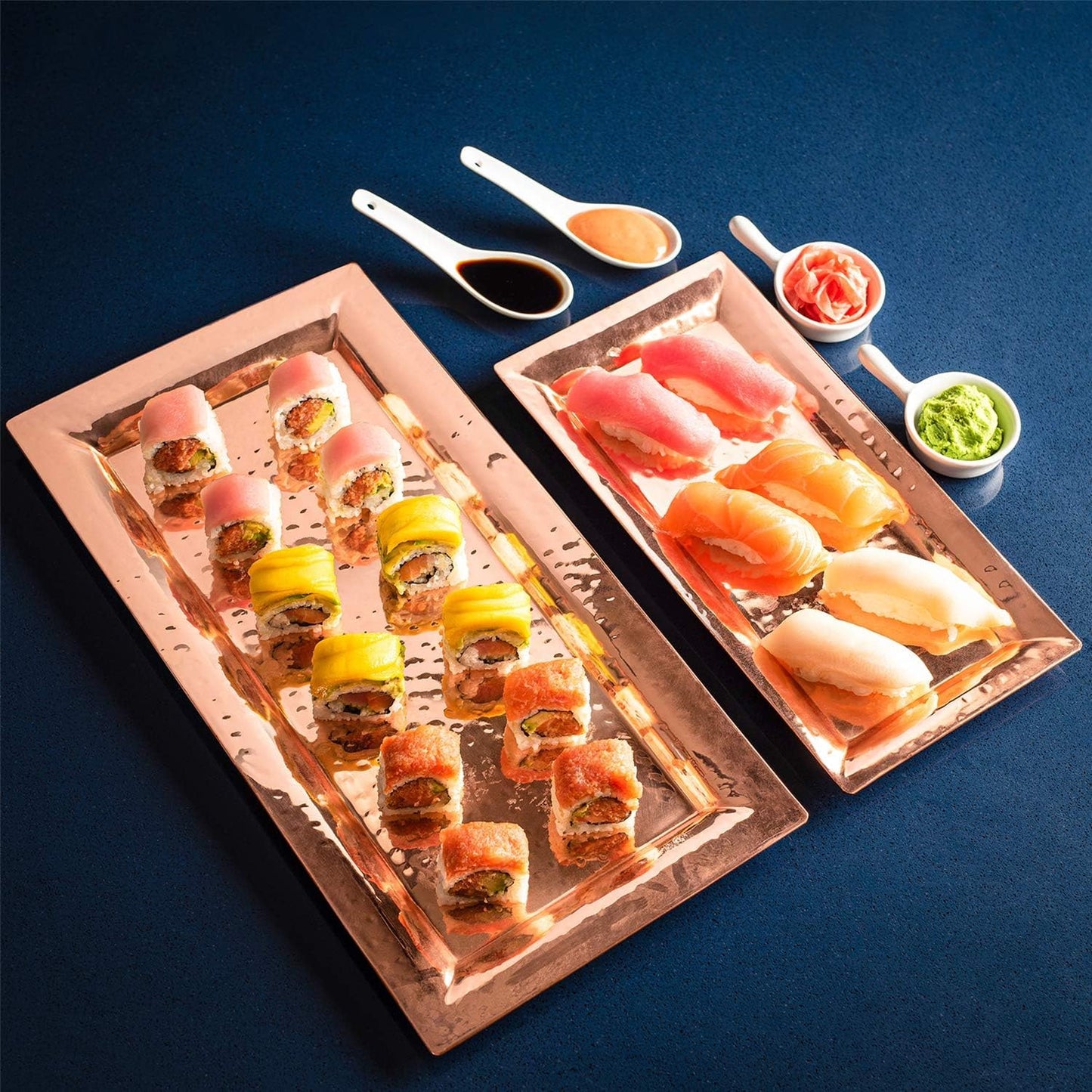 Bonito Home Copper Hammered Trays - Rose Gold Rectangular Serving Platters (2 Pack - Large: 16 x 8 Inches, Medium: 12 x 6 Inches) - Modern, Stackable, Shatterproof - Perfect for Parties, Gifts