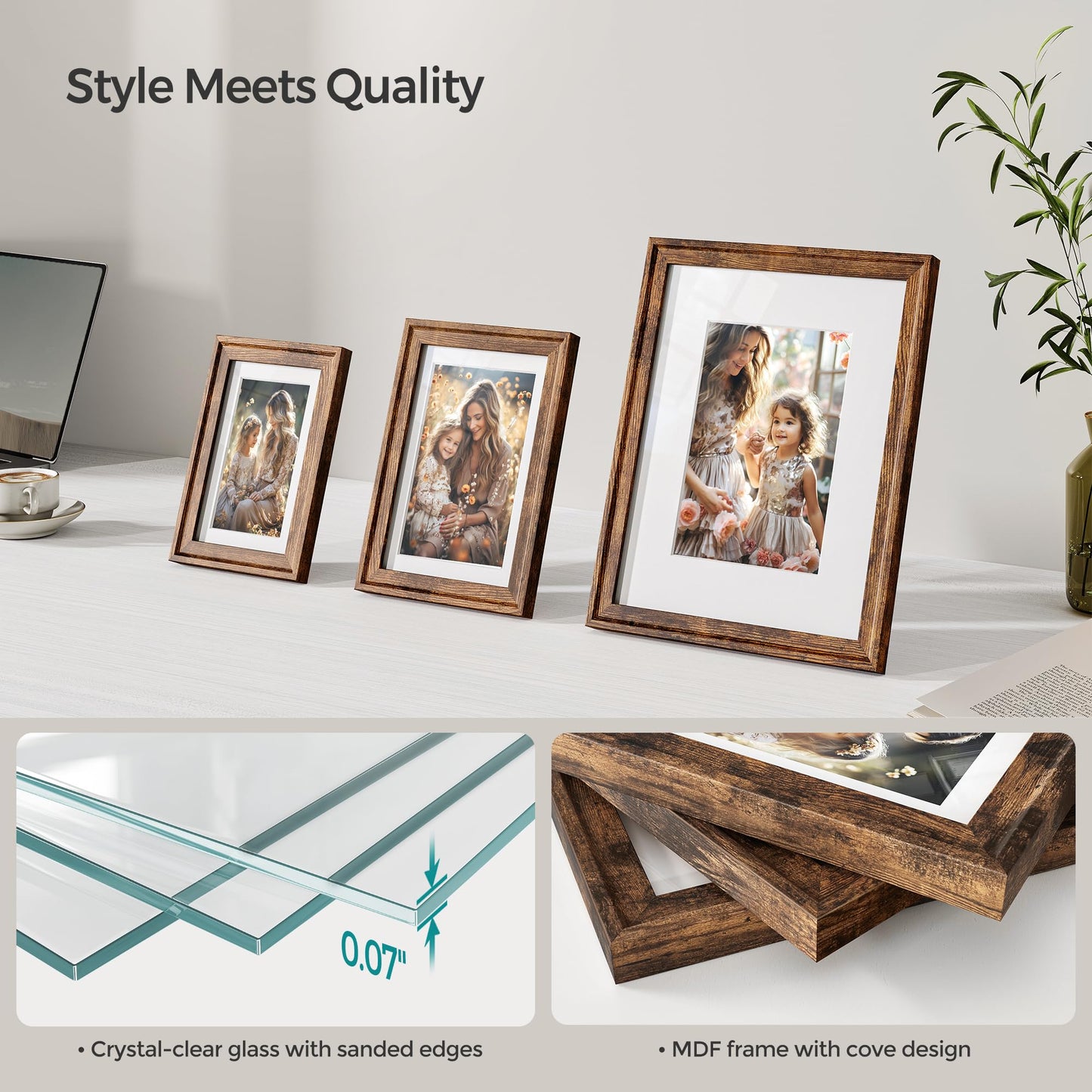 SONGMICS Picture Frames with 16 Mats, Set of 10 Collage Photo Frames, Two 8x10, Four 5x7, Four 4x6 Frames, Hanging or Table Display, Glass, 12 Non-Trace Nails, Rustic Brown URPF049X01
