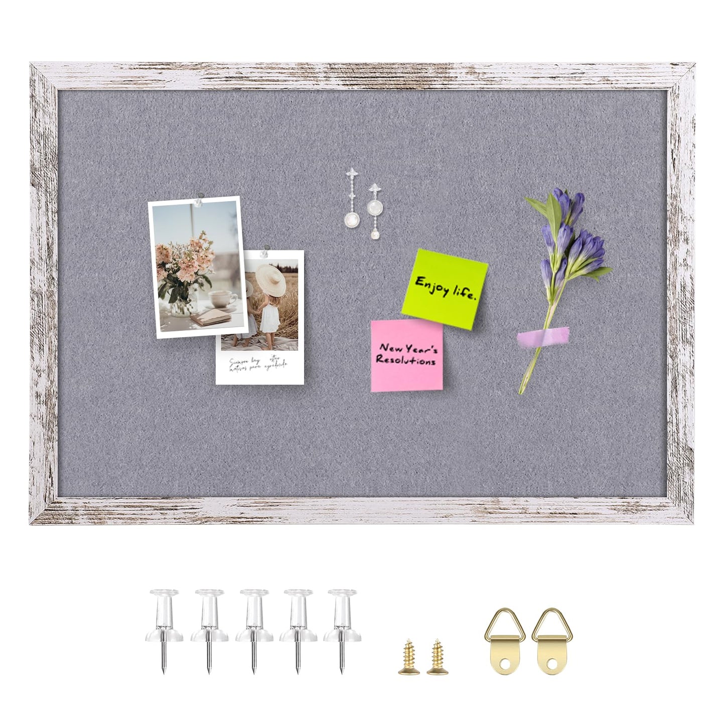 Aitakatta Gray Felt Cork Board Bulletin Board, Decorative Hanging Cork Boards for Walls with White Rustic Wood Frame, Pin Board Vision Board for Office Home and School with Pins, Screws (4060,WH,1pc)