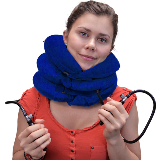 (2- Pump) Cervical Neck Traction Device – Premium 4-Way Targeting Neck Stretcher for Instant Pain Relief (Royal Blue)