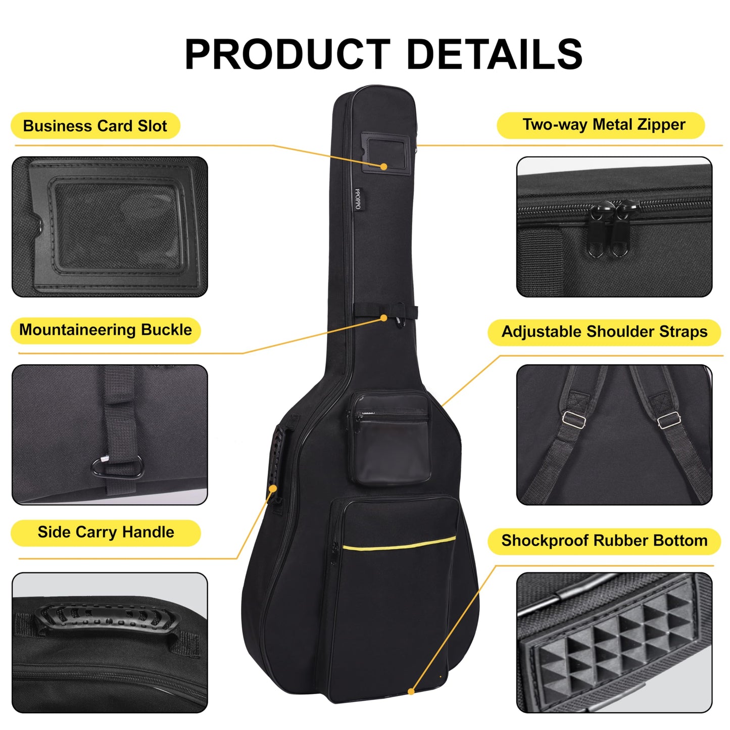 PPOPPO 40 41 42 Inch Acoustic Guitar Bag, Oxford Fabric with 0.35" Thick Padding, Water Resistant Gig Bag, 2 Storage Pockets, Side Handle & Back Hanger Loop, Adjustable Dual Shoulder Straps, Black