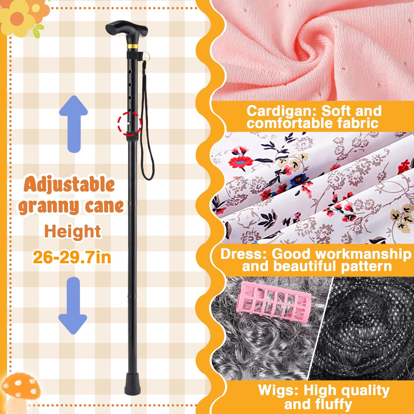 Cosweet Old Lady Costume for Girls, Grandma 100th Day of School Accessories for Kids 3-10 Years Cosplay Wig Dress up