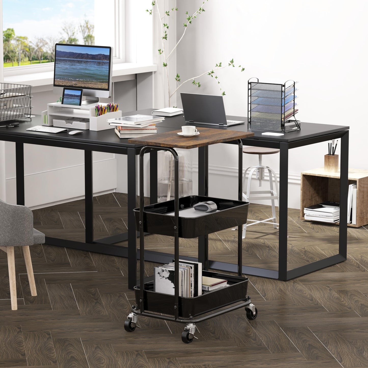 Simple Houseware 3-Tier Metal Rolling Utility Cart with Wooden Top and Lockable Wheel, Storage Organizer Trolley for Kitchen, Bathroom, Office, Craft Room, Rustic Brown