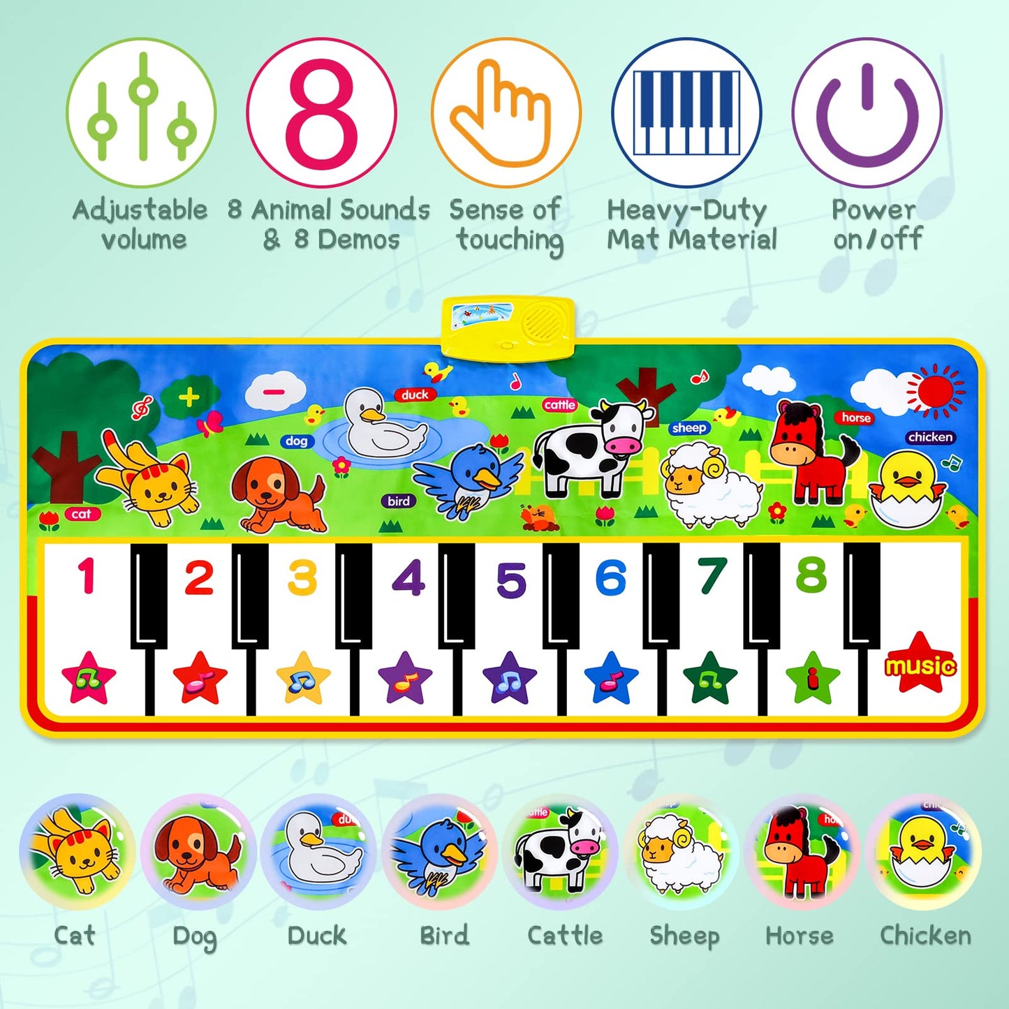 M SANMERSEN Piano Mat, 53'' x 23'' Musical Toys for Toddlers, Green Animal Theme, Electronic Keyboard, Piano Dance Mat, 16 Keys, 8 Animal Sounds & 8 Demo Melodies