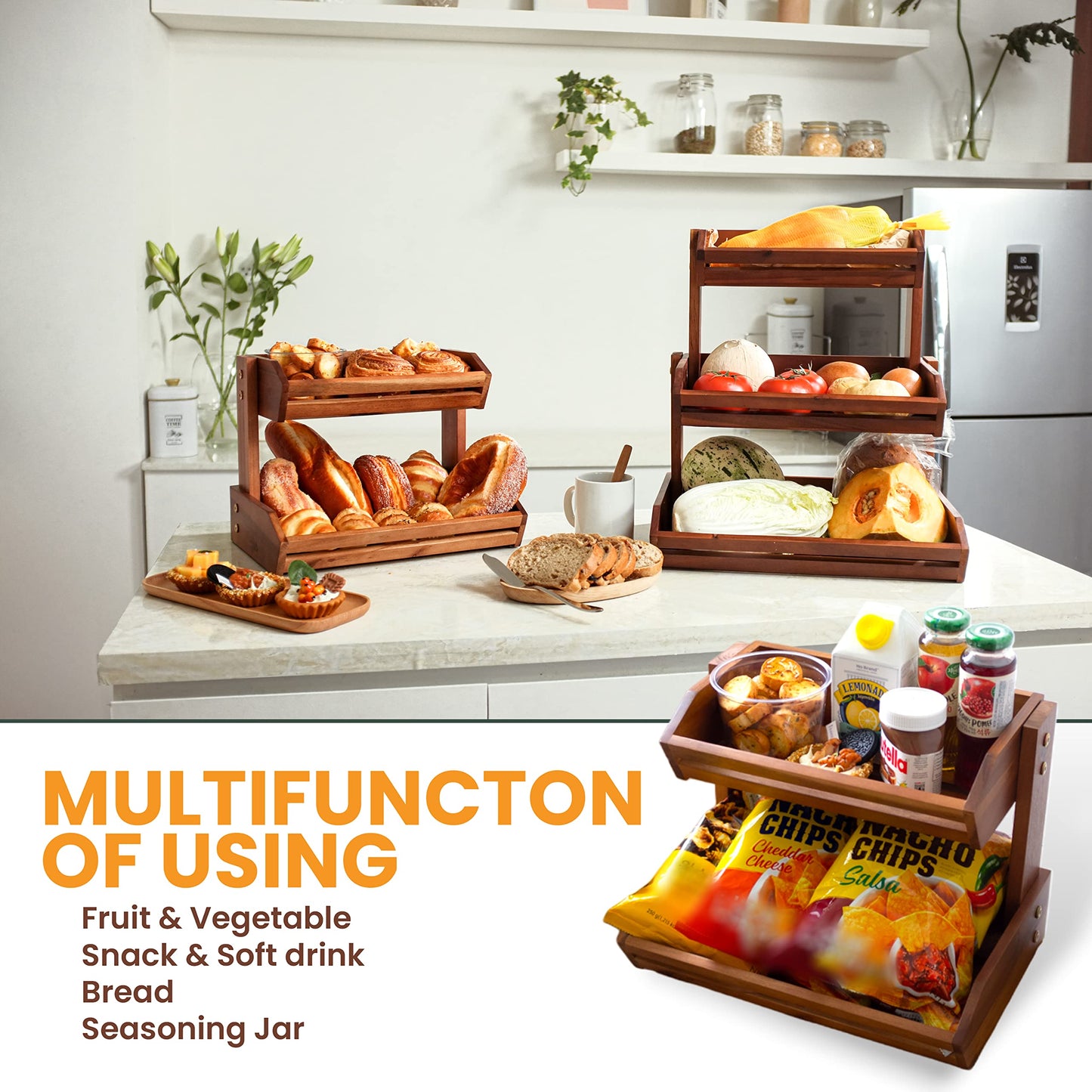 HOLANA Acacia Tier Fruit Basket for Counter – Wooden Fruit Bowl for Kitchen Counter Organizer, Vegetable & Produce Storage, Wooden Basket & Snack Organizer for Countertop Storage (Acacia, 2 Tier)