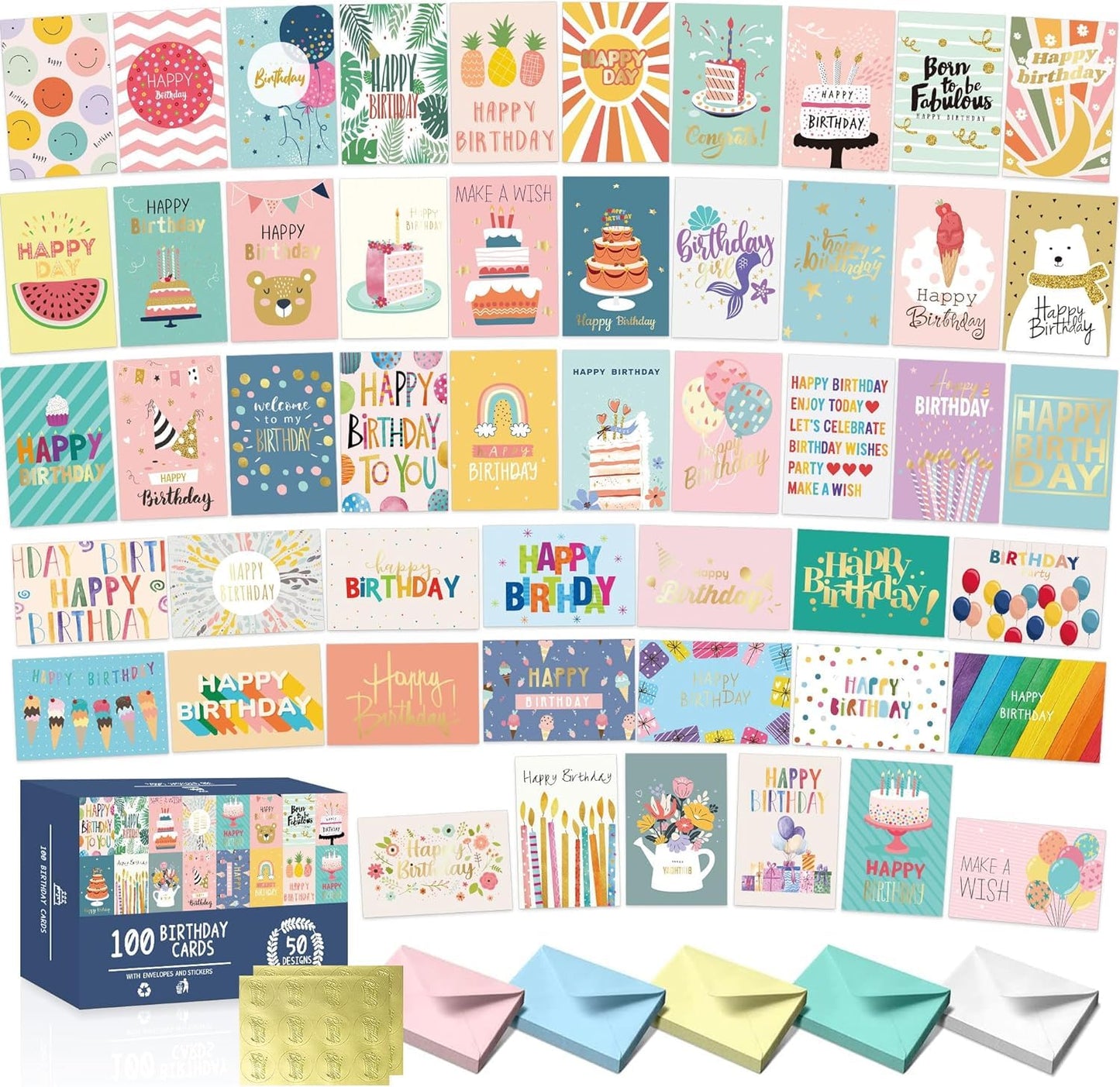 Timenued 100 Pcs Birthday Cards Bulk with Envelopes Happy Birthday Cards, Box Of Birthday Cards Assorted Birthday Cards Pack Funny Greeting Cards Assortment Birthday Cards for Kids Girls Friends Teacher Men