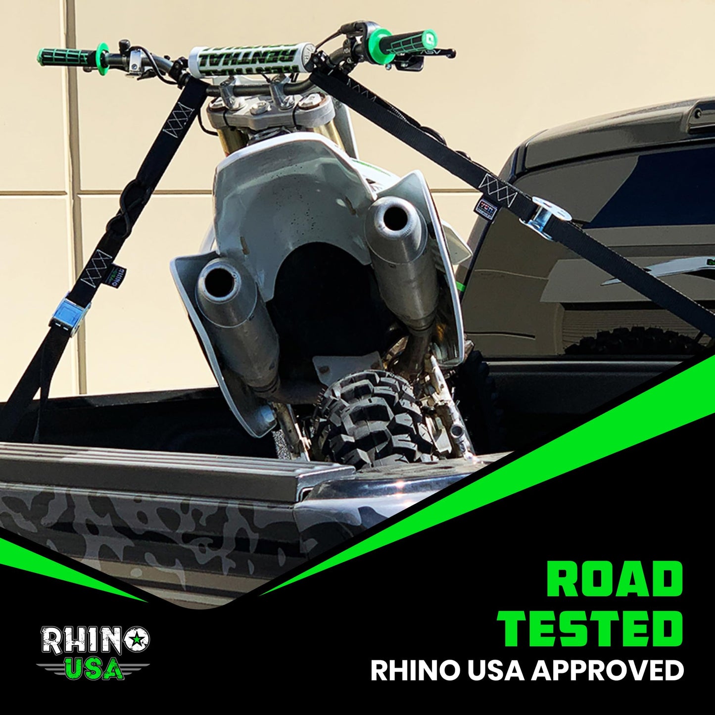 Rhino USA Motorcycle Tie Down Straps (2 Pack) Lab Tested 2,200lb Break Strength, Steel Cambuckle Tiedown Set with Integrated Soft Loops - Better Than a Ratchet Strap (Black 2-Pack)