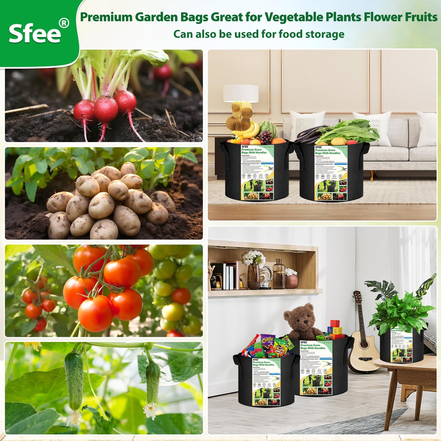 Sfee Grow Bags 12 Pack 7 Gallon Potato Grow Bags, 300G Thickened Nonwoven Fabric Pots with Durable Handles Garden Bags for Vegetable Plants Flower Garlic Fruits+12 Plant Labels+1 Pruning Scissors
