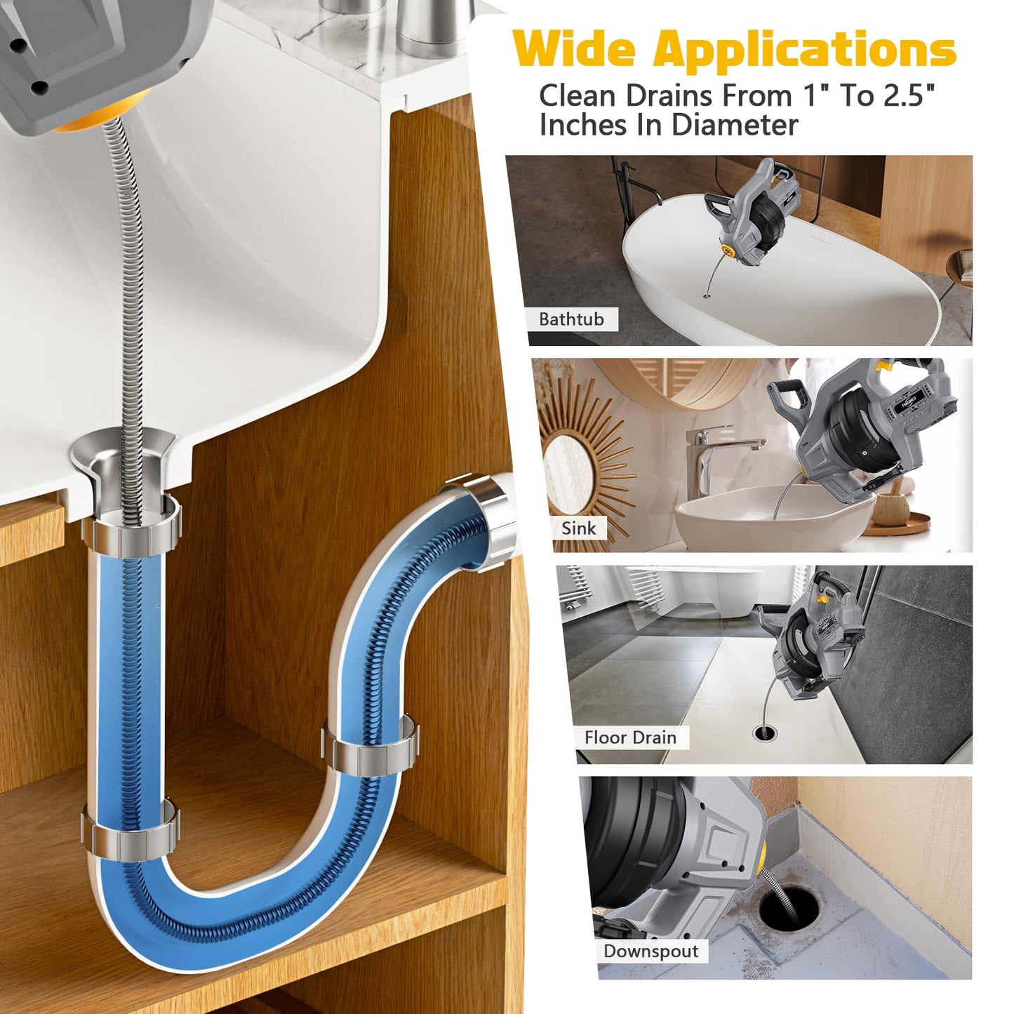 Cordless Drain Auger Compatible for Dewalt 20V Battery,Auto-Feed Electric Snake,Powered for Sewer Kitchen Bathroom, Cleaner for Shower or Sink Drains, Unclogs Hair, Blockages(Battery not Included)