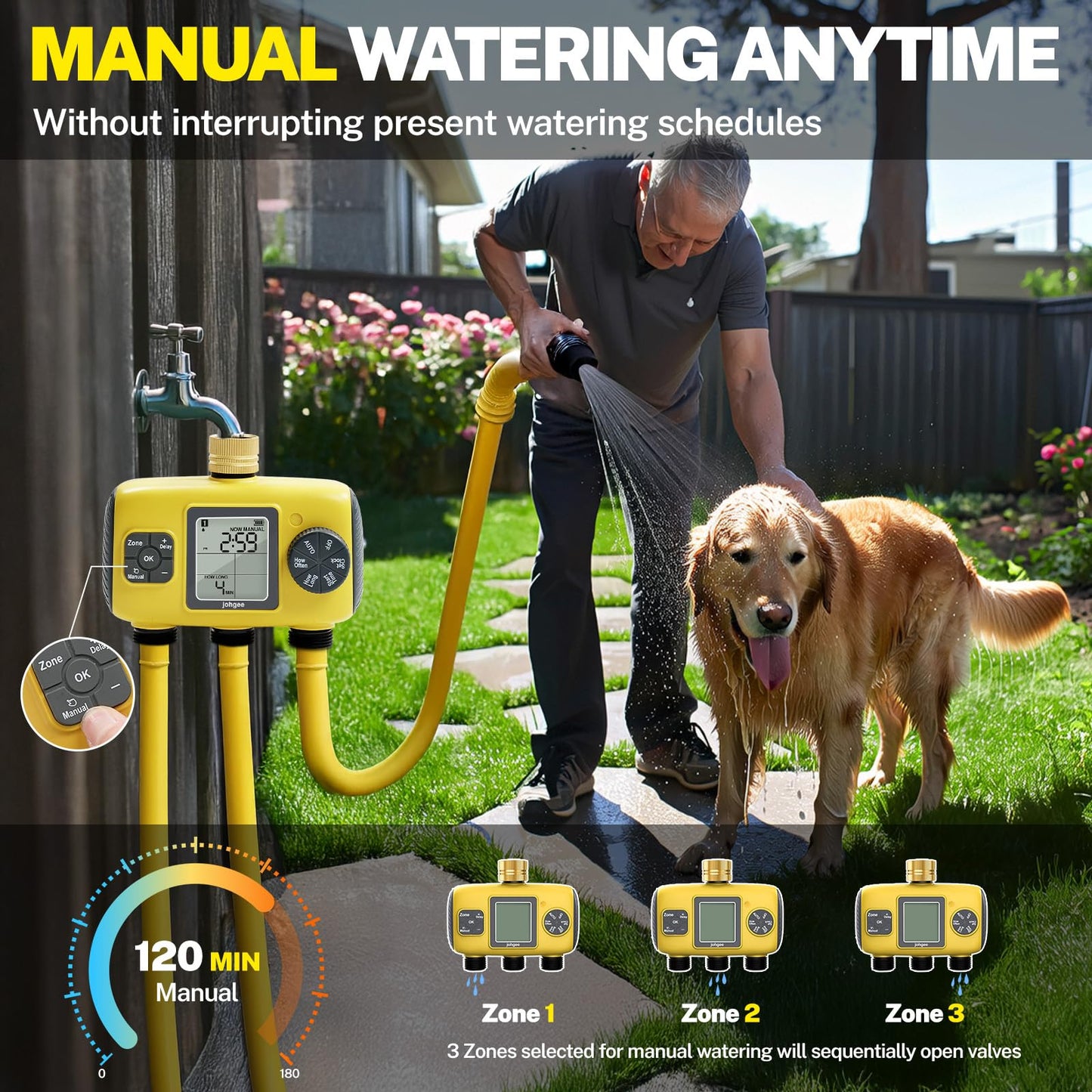 Johgee 3 Zones Water Timer Brass Inlet, Sprinkler Timer Programmable Garden Hose Timer with Rain Delay/Manual/Automatic Watering System,Waterproof Digital Irrigation Timer System for Lawns Pool
