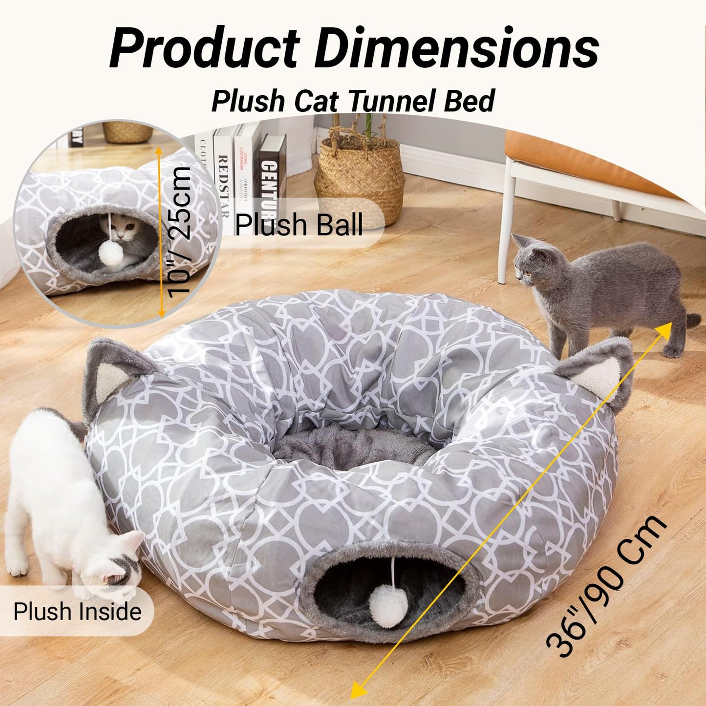 Cat Dog Tunnel Bed with Cushion Tube Toys Oxford Cloth Large Diameter Longer Crinkle Collapsible 3 Way for Cats Kittens Kitty Puppy Outdoor 6FT (Grey-White)