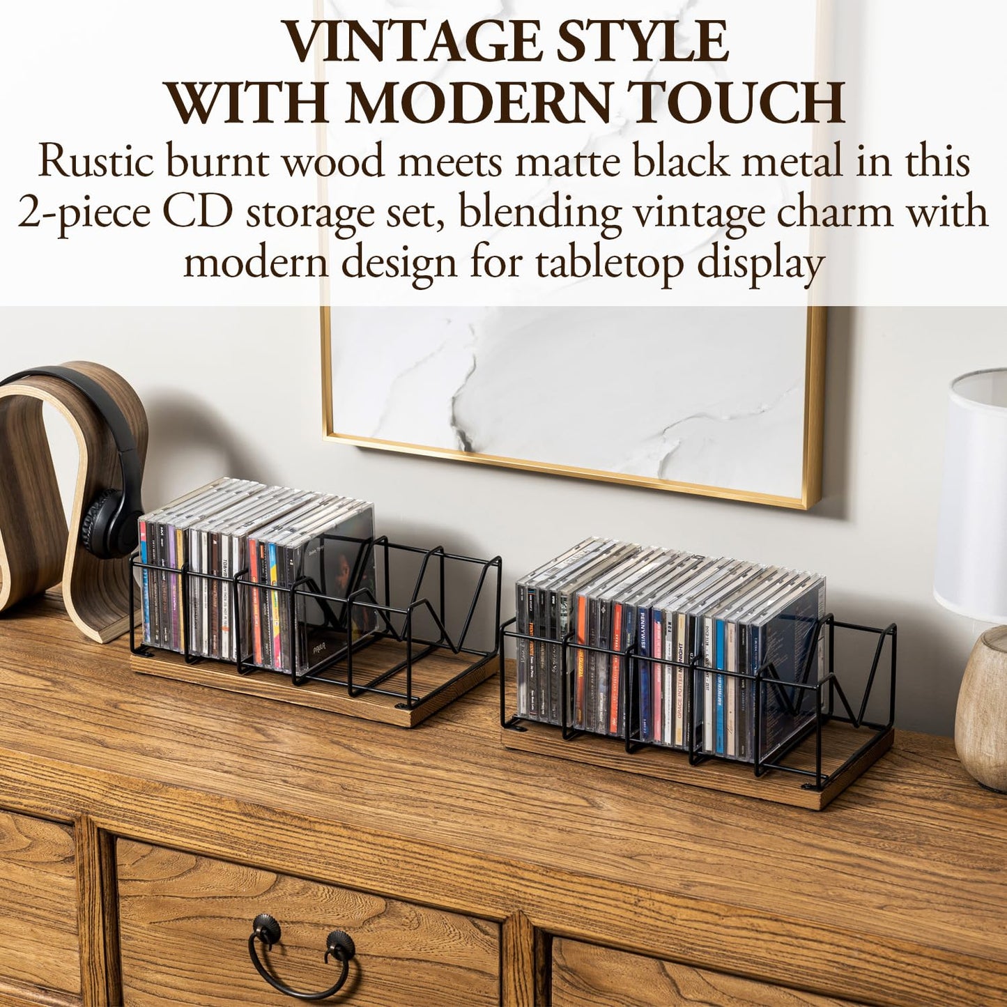 MyGift Set of 2 Vintage CD Storage Holder in Rustic Burnt Solid Wood and Matte Black Metal Racks, Tabletop Compact Disc Case Organizer Stand - Holds Total 50 Jewel Cases