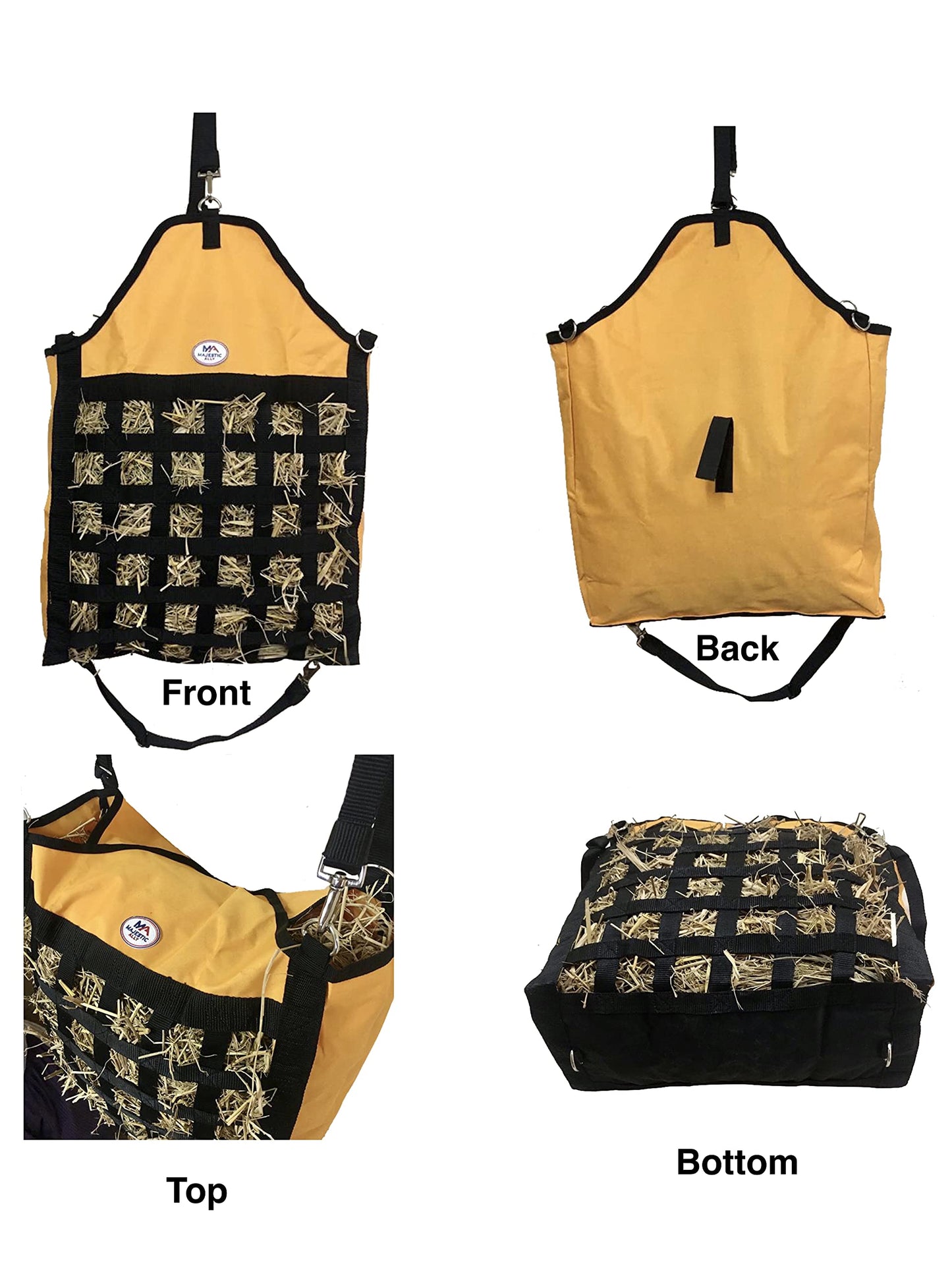 Majestic Ally Slow Feed Hay Bag for Horses, Adjustable Travel Feeder for Trailer, Stall, and Portable Wear, Feeding Sack with Strap Support, Simulates Grazing, Reduces Waste (Black)