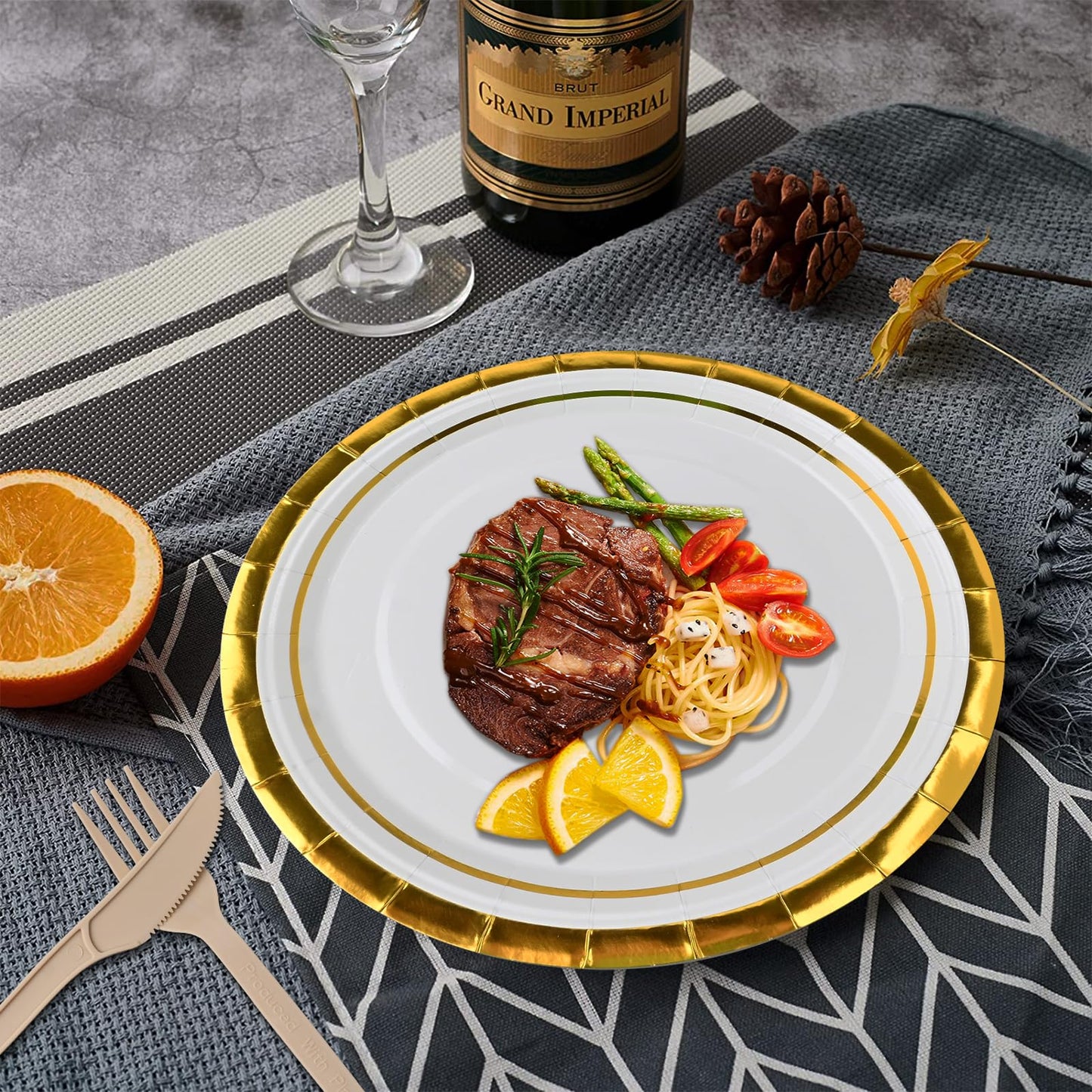 350 Pieces Gold Rim Party Supplies - Disposable Dinnerware Set Include 50 Dinner Plates, 50 Dessert Plates, 50 Cups, 50 Napkins and 50 Cutlery Set for Wedding Baby Shower Engagemen Christmas Party