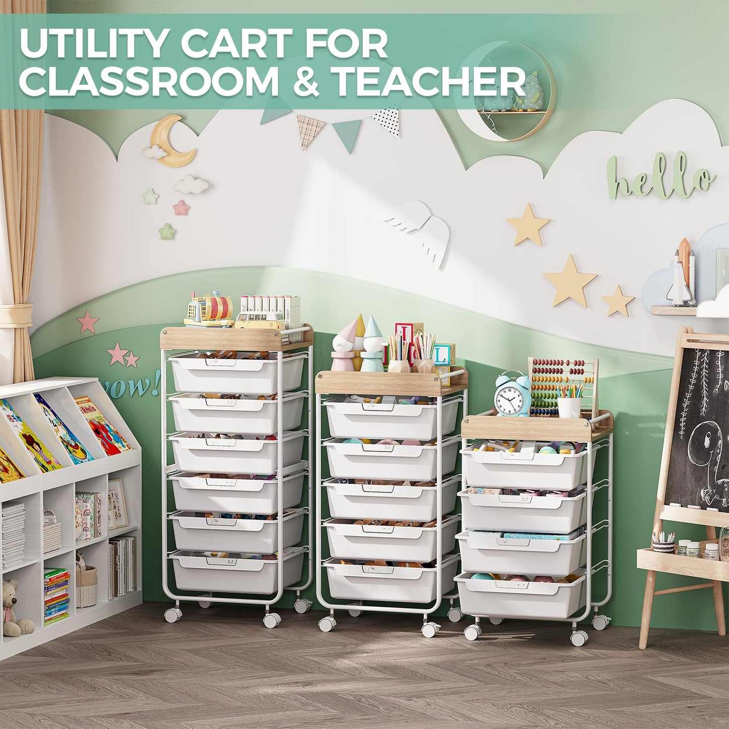 SYKIARIOL 4 Drawer Rolling Utility Cart with Wooden Top and Handle, Craft Storage Cart with Lockable Wheels, Multi-Purpose Organizer Drawer Cart for Home Office Bedroom Classroom，White