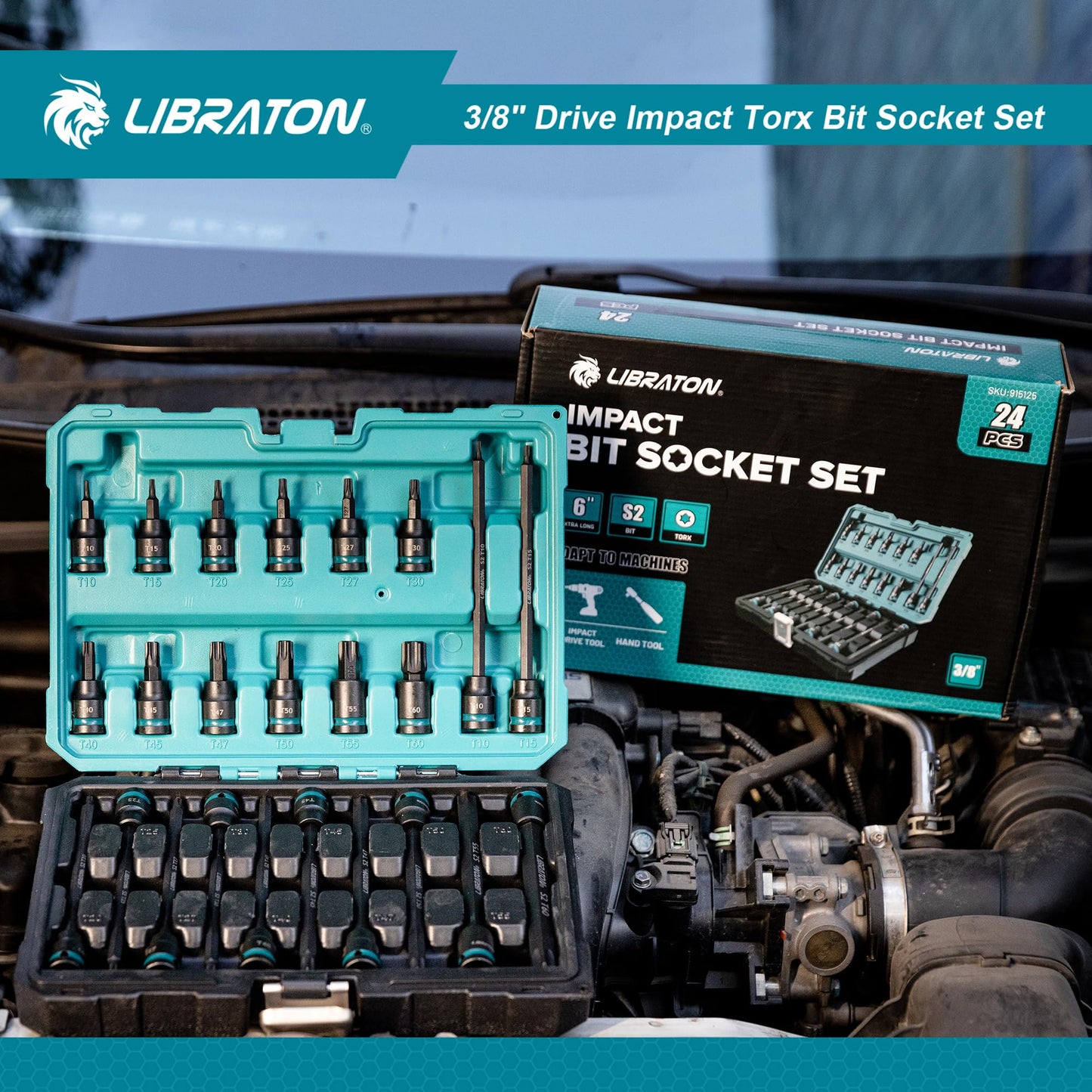 LIBRATON 3/8" Drive Impact Torx Bit Socket Set, Extra Long Torx Socket, S2 Alloy Steel Star Bit Sockets, 24PCS Torx Bit Set, Impact Torx Bit Set, T10-T60, 2in&6in Long Torx Bit Set, Blow Molded Box