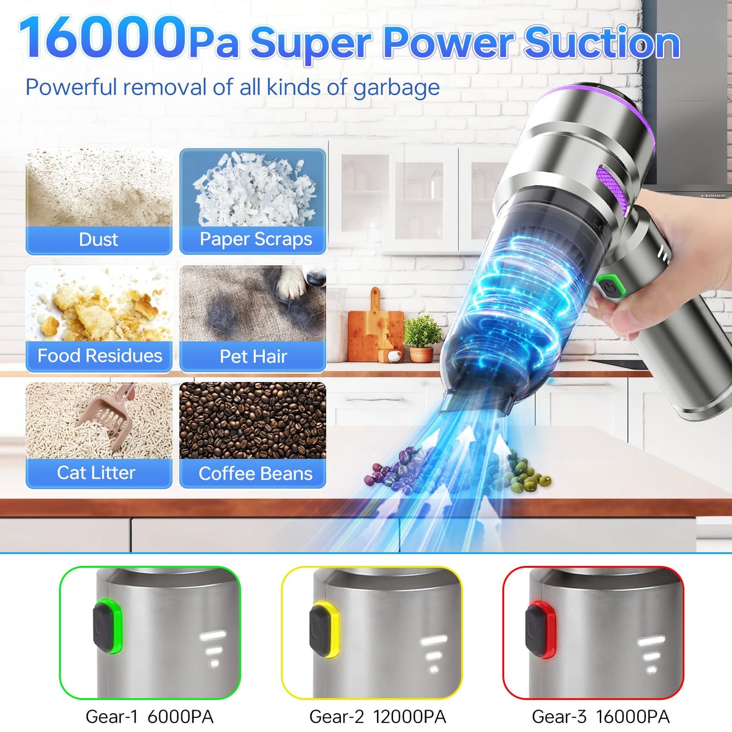 BOLYDOOM Handheld Vacuum Cordless, Car Vacuum Cleaner 16000PA Powerful Mini Hand Vacuum Cleaner 3 Gear Small Vacuum with Battery Indicator, Brushless Portable Vacuum Cordless for Car/Home