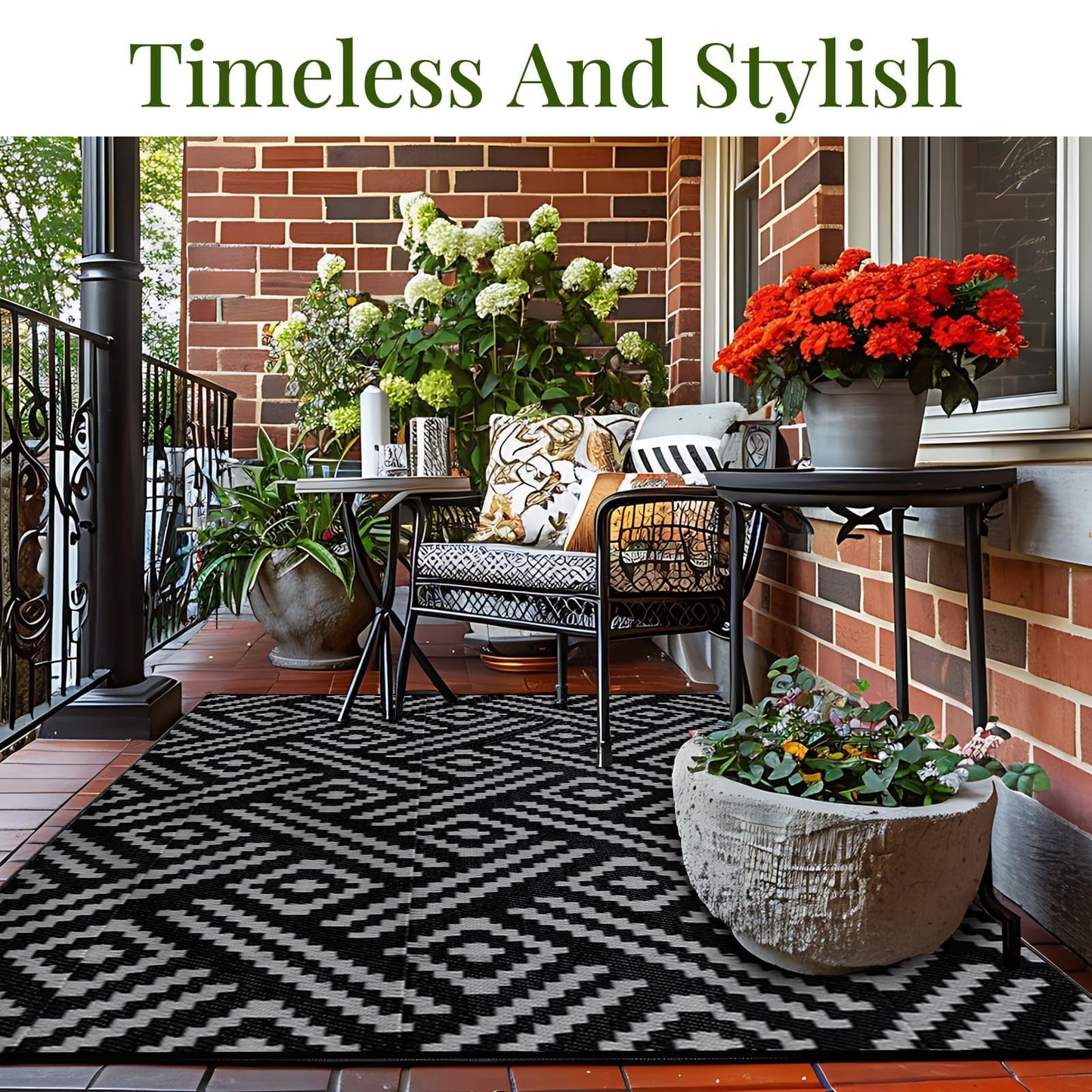 OPPODREAM Outdoor Rug 6x9 Ft, Waterproof Outdoor Plastic Straw Rug for Patio, Reversible Out Door Carpet for Camping, Deck, Rv, 6 x 9 Area Carpet Balcony, Porch, Backyard, Black and Grey