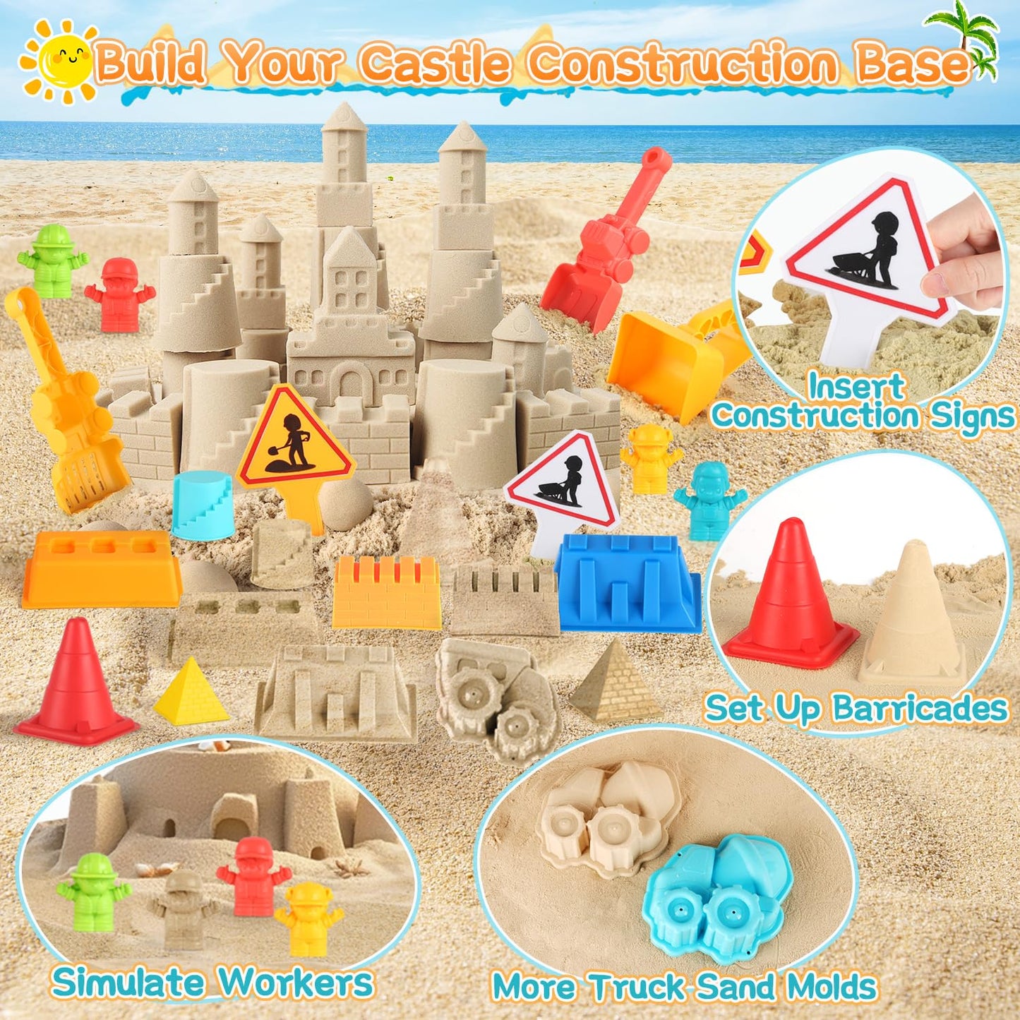 Elovien Beach Sand Toys, Large Dump Truck with Bucket, Sandbox Toy Construction Building Kit with Mesh Bag, Sand Molds, Shovels, Rakes, Summer Outdoor Travel Toys for Kids Toddlers Boys Girls