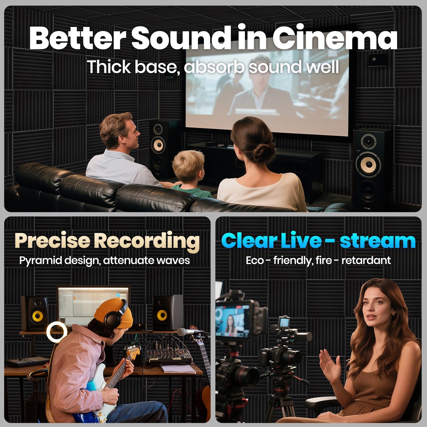 Focusound 50 Pack Acoustic Foam Panels 1" x 12" x 12" Sound Proof Foam Panles Soundproofing Noise Cancelling Wedge Panels for Home Office Recoding Studio with 300PCS Double-Side Adhesive