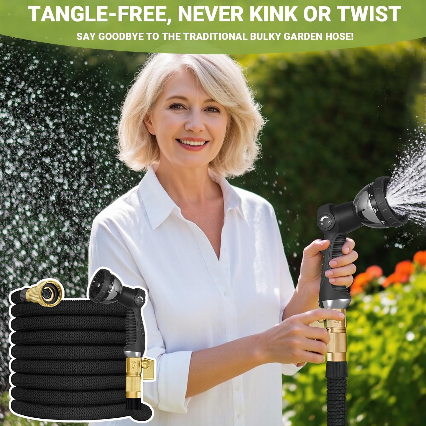 100FT Garden Hose – Expandable Garden Hose with10 Pattern Spray Nozzle, Aluminum Alloy Copper Plated 3/4 inch Connector – Lightweight, Durable, and Kink-Free, Retractable Water Hoses Black