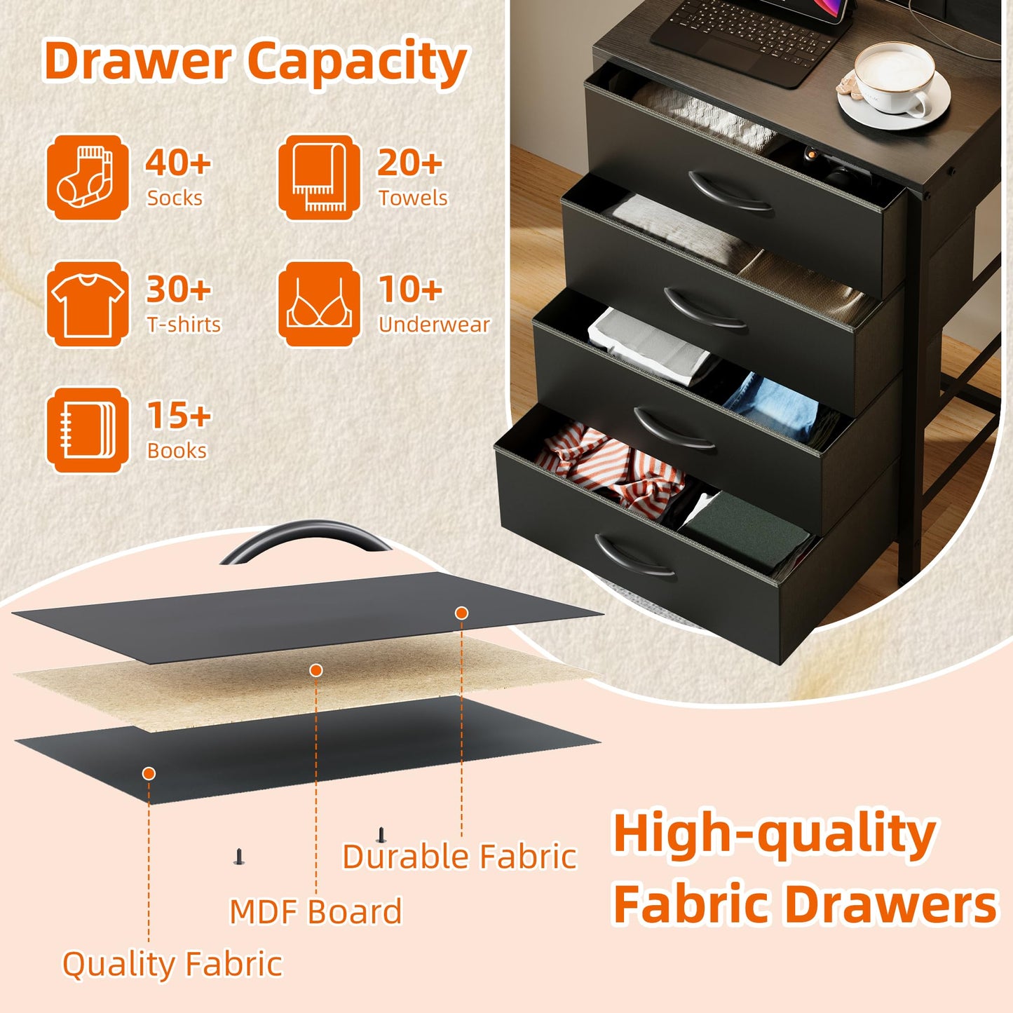 SJAVX Night Stand with Charging Station, End Table with LED Light, Small Bedside Table with Wood Shelf, 4 Fabric Drawers Side Table for Bedroom, Black