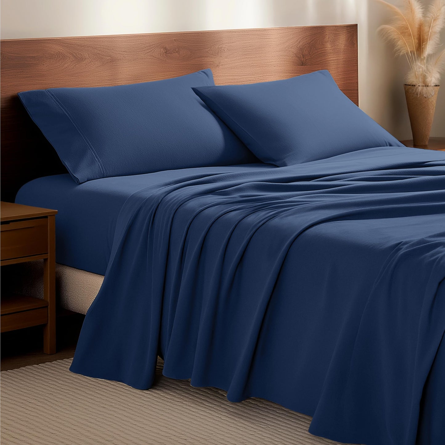Bare Home Flannel Sheet Set 100% Cotton, Velvety Soft Heavyweight - Double Brushed Flannel - Deep Pocket (Queen, Dark Blue)