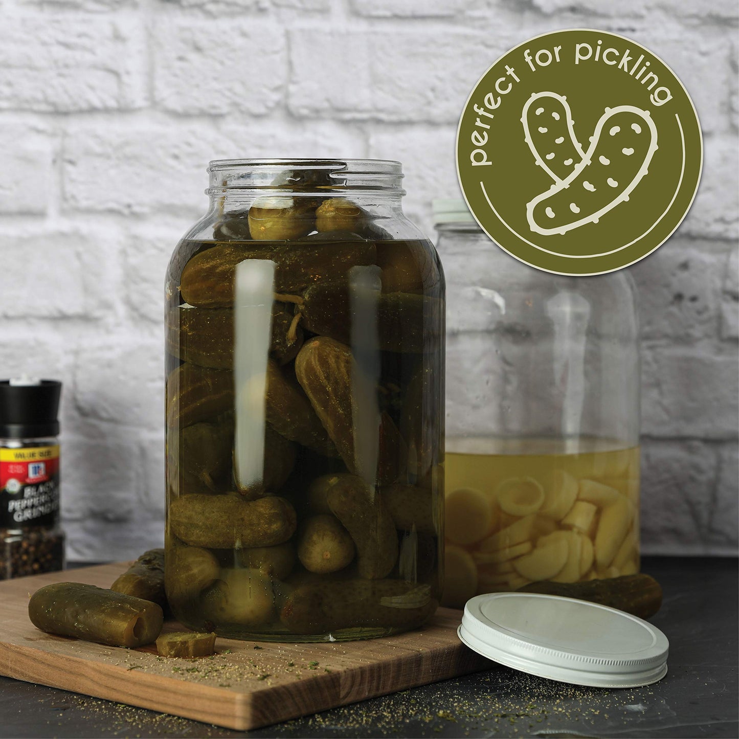 Kitchentoolz 2 Pack 1 Gallon Glass Wide Mouth Mason Jars with Airtight Metal Lids - Safe for Fermenting Kombucha Kefir - Pickling, Storing and Canning - USDA Approved BPA-Free Dishwasher Safe