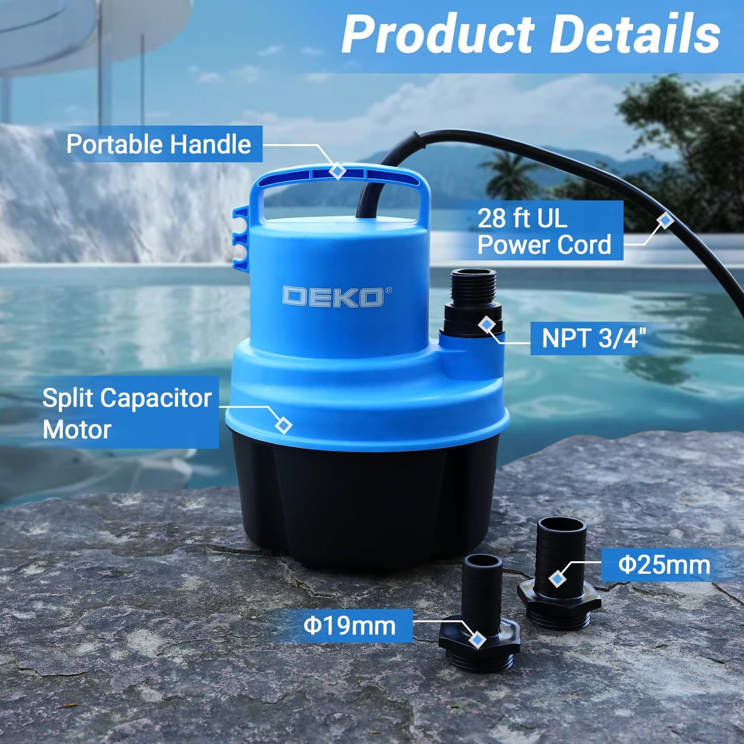 Sump Pump Submersible Water Pump: 1/2 HP Thermoplastic Portable Utility Pump 2350GPH High Flow Water Removal for Swimming Pool, Garden Pond, Basement with 25ft Long Power Cord