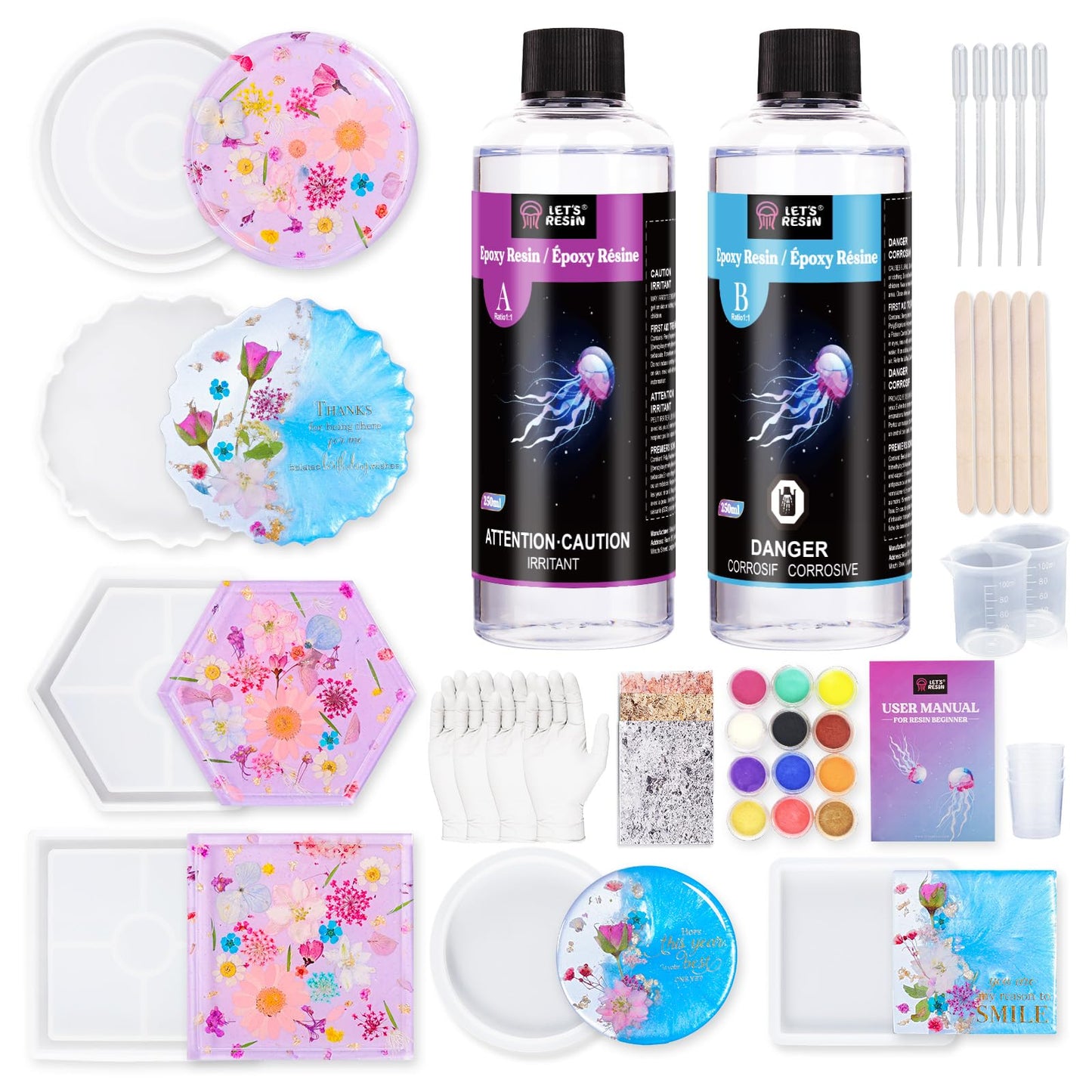 LET'S RESIN Resin Coaster Molds Kit, 16oz Epoxy Starter Kit for Beginners,Include Epoxy Resin, Coaster Molds, and Mica Powder for Casting, Ideal Christmas Gift Set