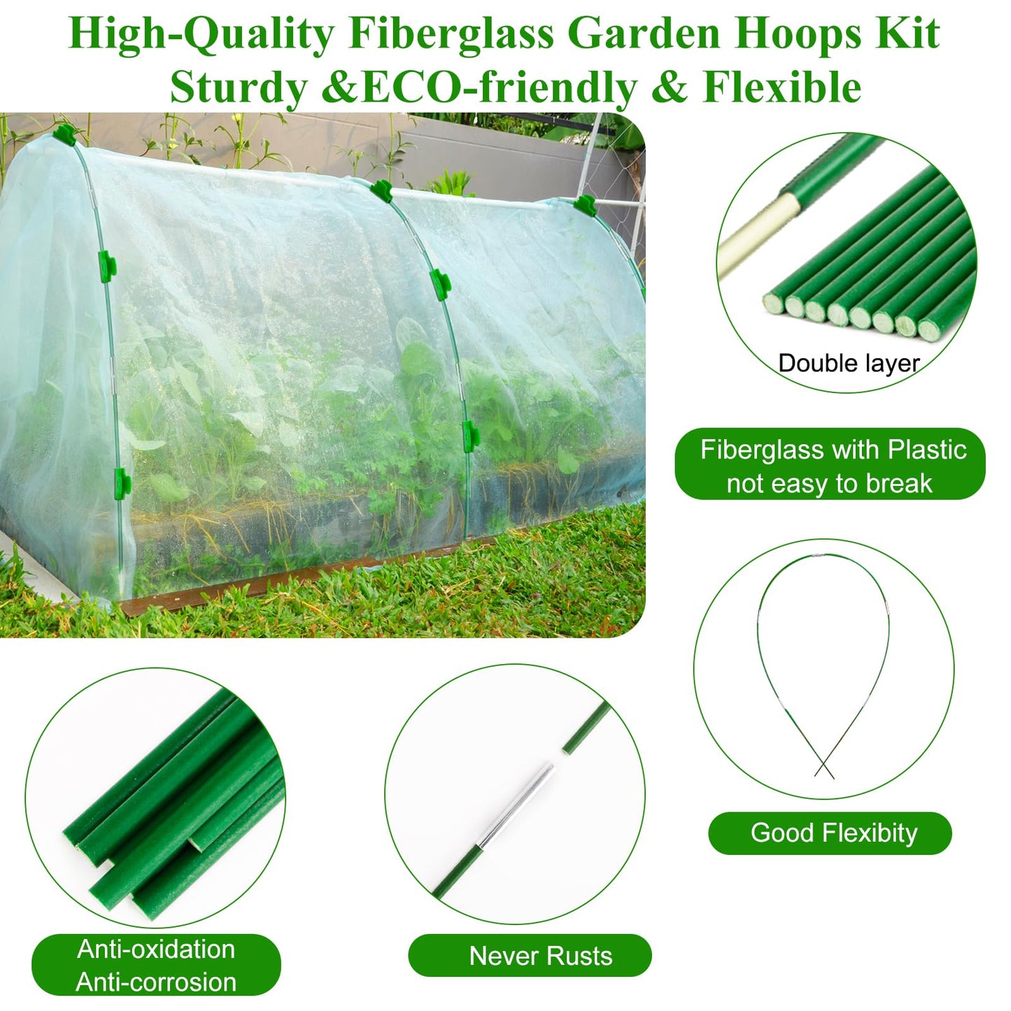 WYRJXYB 60Pcs Greenhouse Hoops Grow Tunnel for Raised Beds Netting,Flexible Garden Hoop Kit, Rust-Free Fiberglass Garden Hoops Frame for Graden Bed Plant Row Cover,DIY Plant Support Stakes-40Pcs Clips