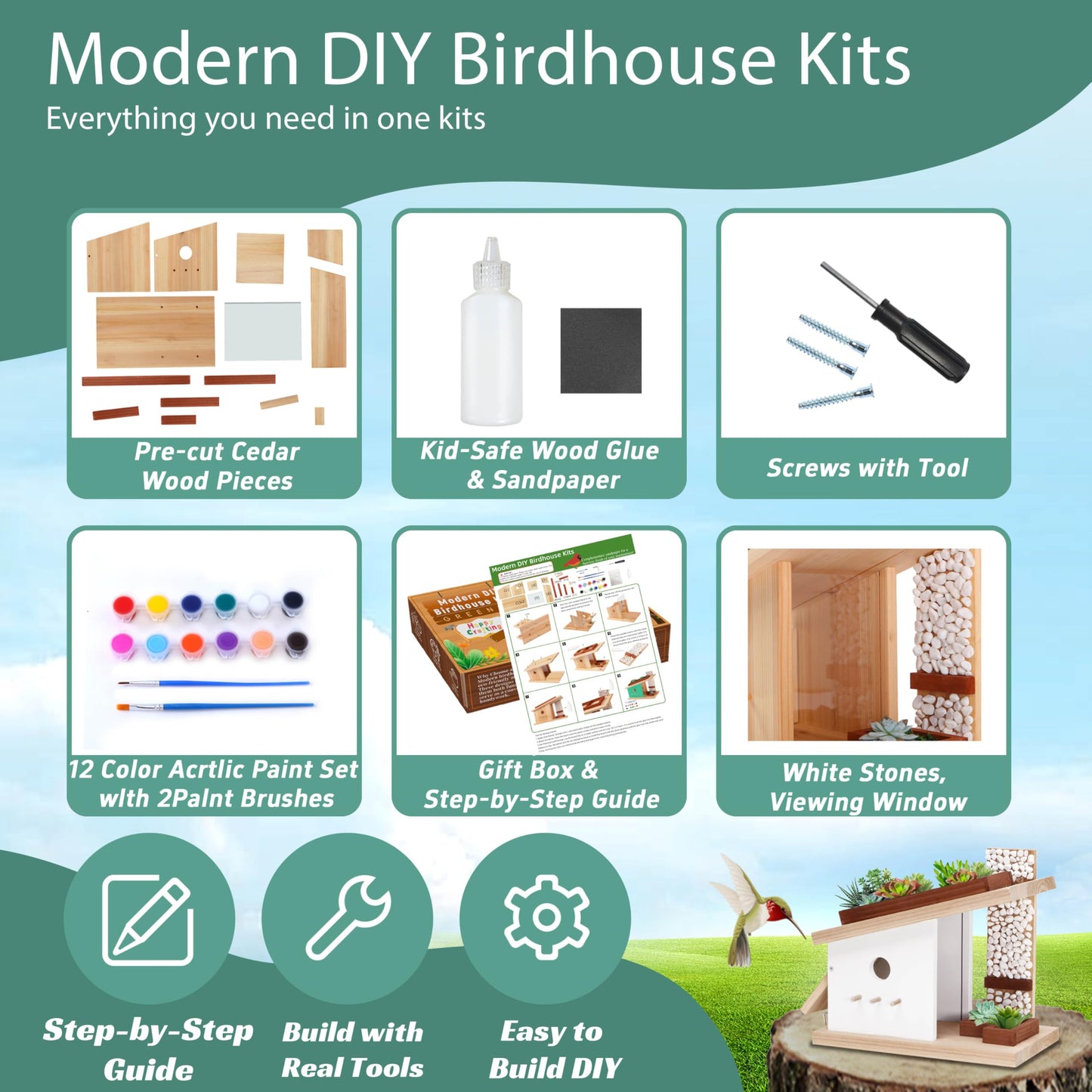 DIY Birdhouse Woodworking Kit, Build Your Own Blue Bird House Kit for Kids and Adults, Modern Woodcraft Building Projects (2 Pack)