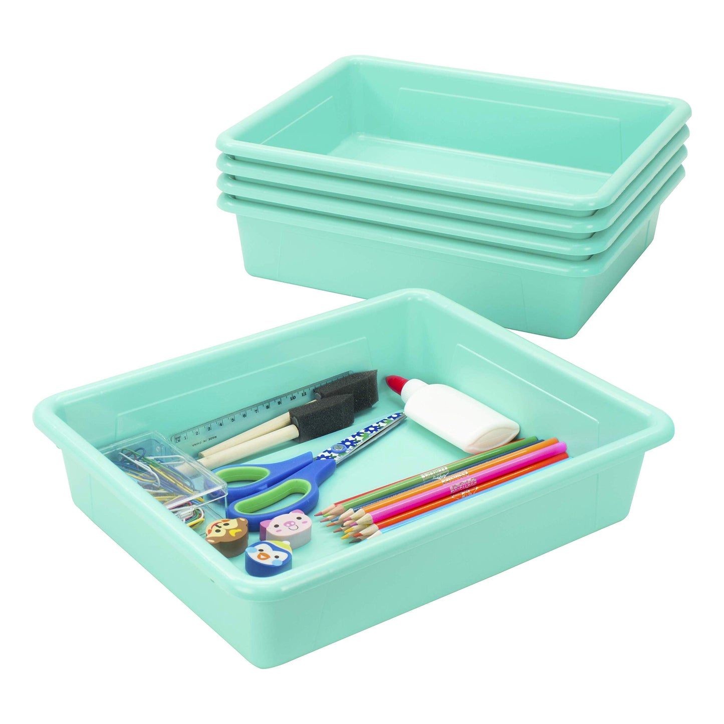 Storex Flat Storage Tray with Lid, Letter Size, 10 X 13 X 3 Inches, Teal, 5-Pack (62541U05C)