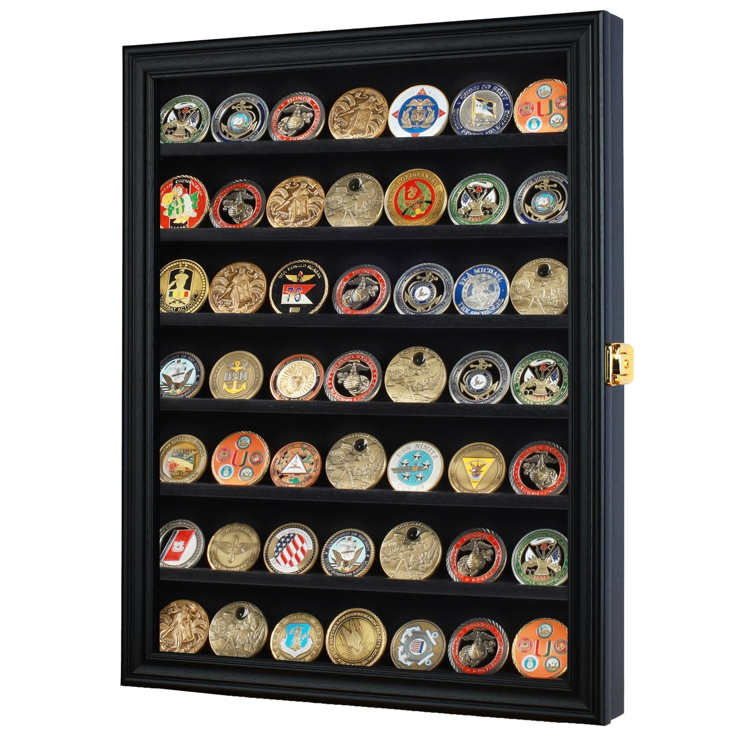 Challenge Coin/Casino Chip Display Case Cabinet Holder Shadow Box, Glass Door, Black (COIN56-BL)
