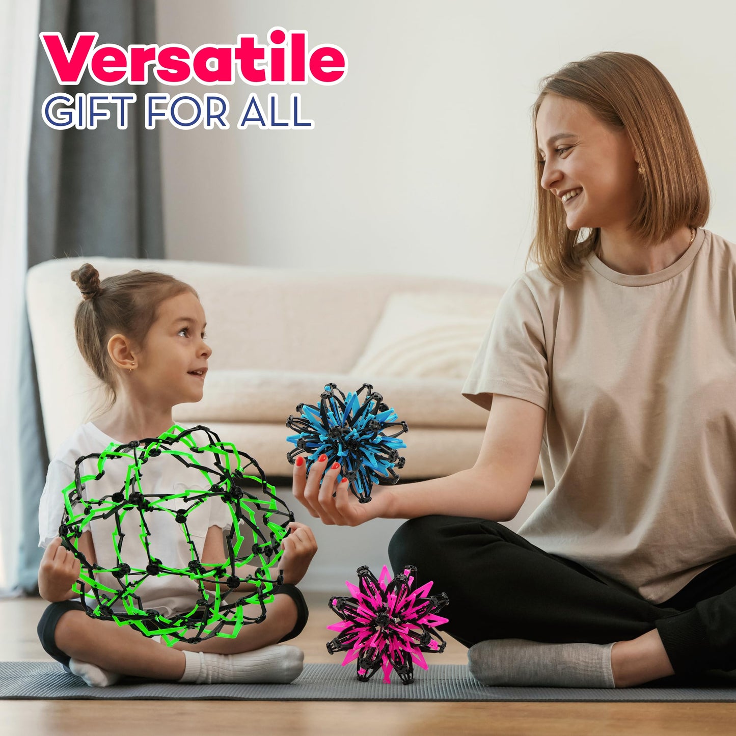 4E's Novelty 3 Pack Expandable Breathing Ball Sphere Toy - Expanding Stress Relief Breathing Ball Toys for Kids & Adults - for Anxiety, Yoga, Deep Breathing, ADHD - Neon Blue, Pink, & Green