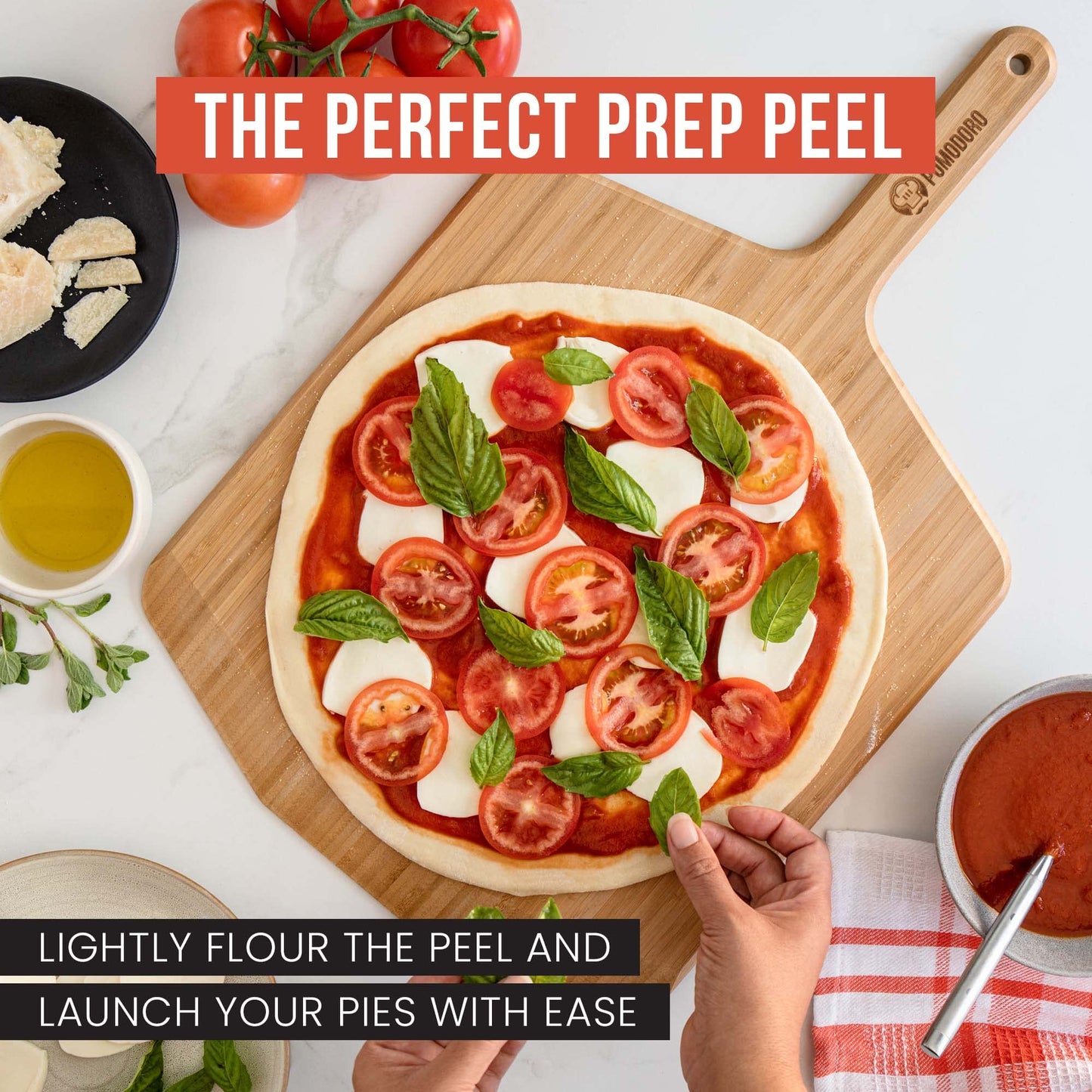 Chef Pomodoro Wooden Pizza Peel 14 inch, Homemade Wood Paddle, Board with with Handle, Indoor and Outdoor Oven Accessories, Spatula Gourmet Prep Shovel for Launching and Serving Pies and Bread