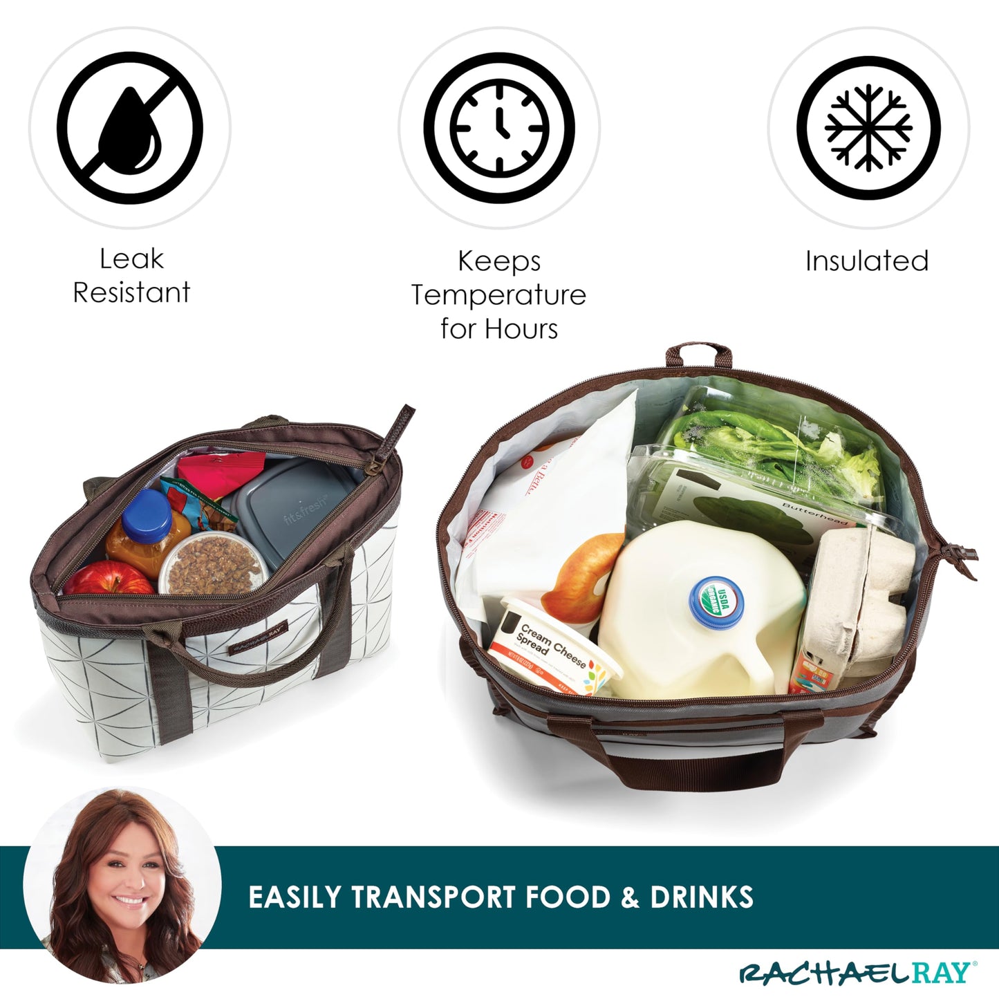 Rachael Ray Chillout Reusable Grocery Bag and Lunch Bag set, Cooler Bag, Soft Sided Cooler and Lunch Bag, Insulated and Leak Proof, Grey and Ivory Print