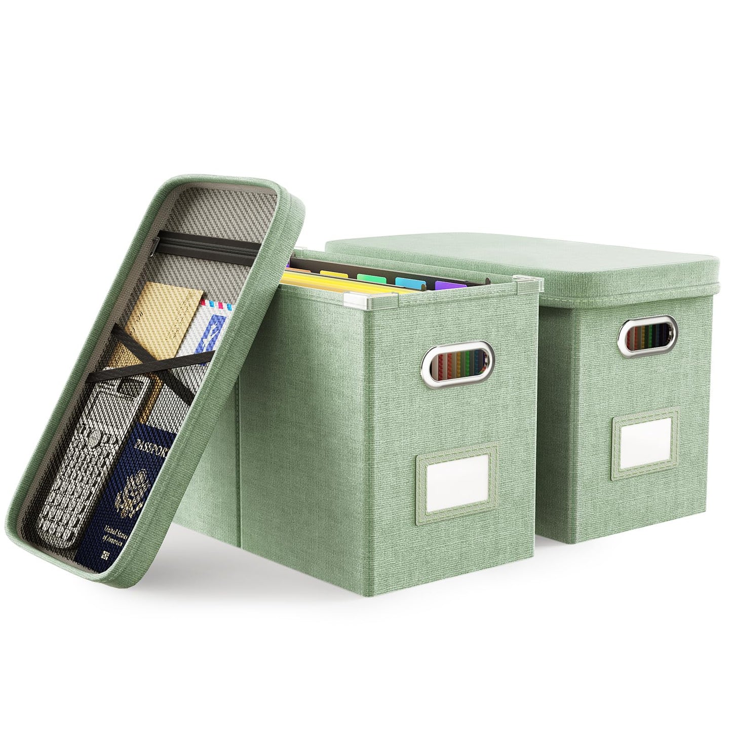 Oterri File Boxes with Lids, File Organizer Box for Letter Size Files Storage, Portable Filing Box with Handle and Mesh Bags, Hanging File Folder Box for Office/Home/School(2 Pcs, Green)