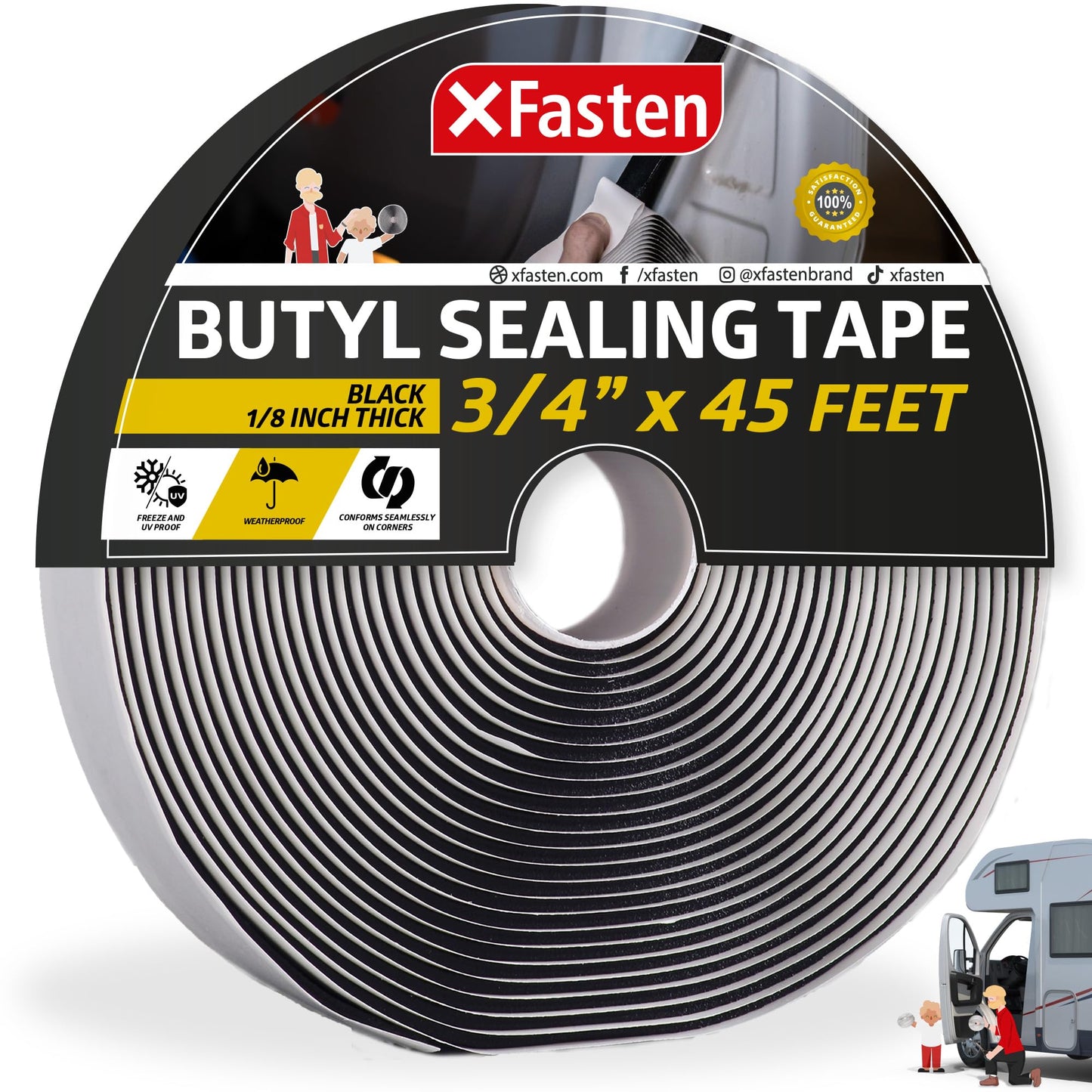 XFasten Butyl Tape Black, 3/4 in x 45 ft x 1/8 in – Easy-to-Work-with Automotive Butyl Sealant Tape, Mess-Free Rubber Caulk for RV, EPDM Putty for Window, Headlight, Roof, Windshield, and Car Doors