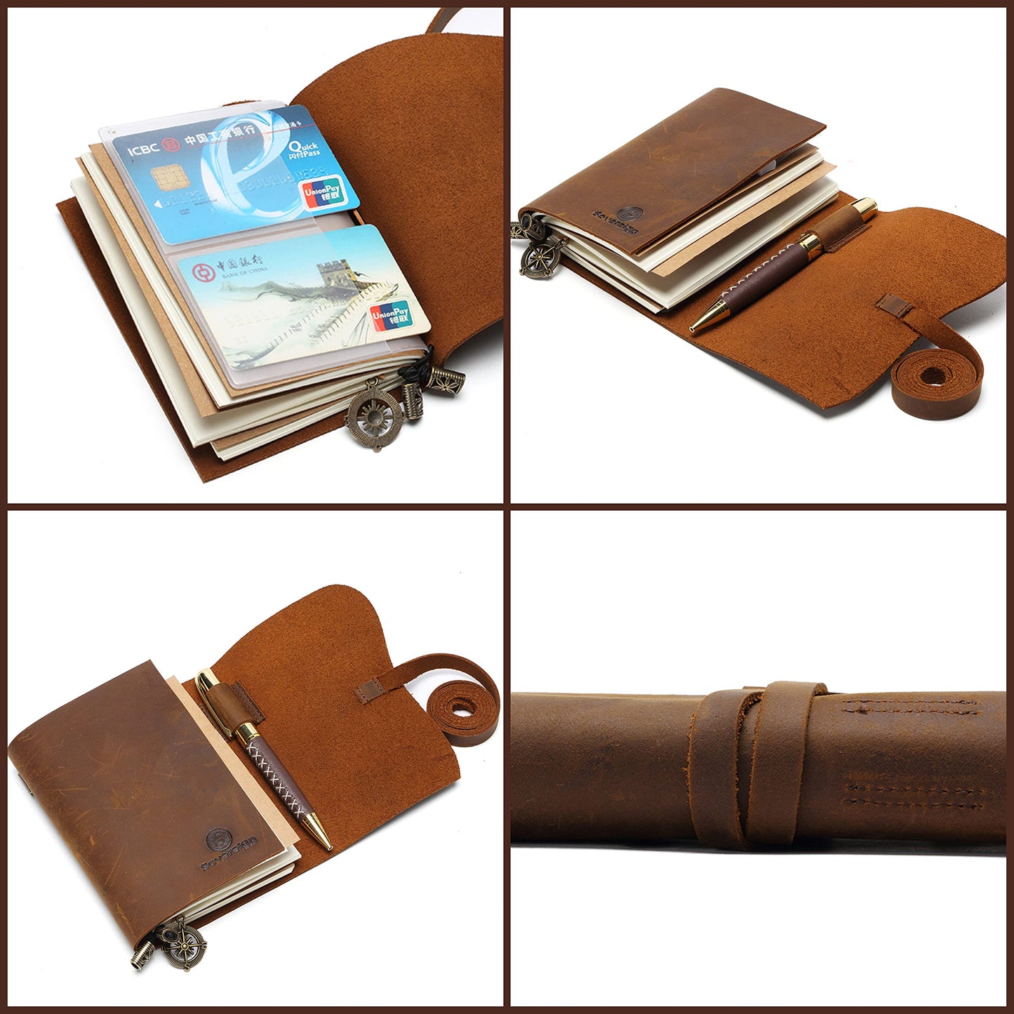 Passport Travelers Notebook Pocket Refillable Leather Journal Amazing Bundle - Small Vintage Genuine Leather Notebook for Writing, Travel Diary, Daily Planner TN 5.4 x 4.3 Pen Holder 3 Papers Zipper