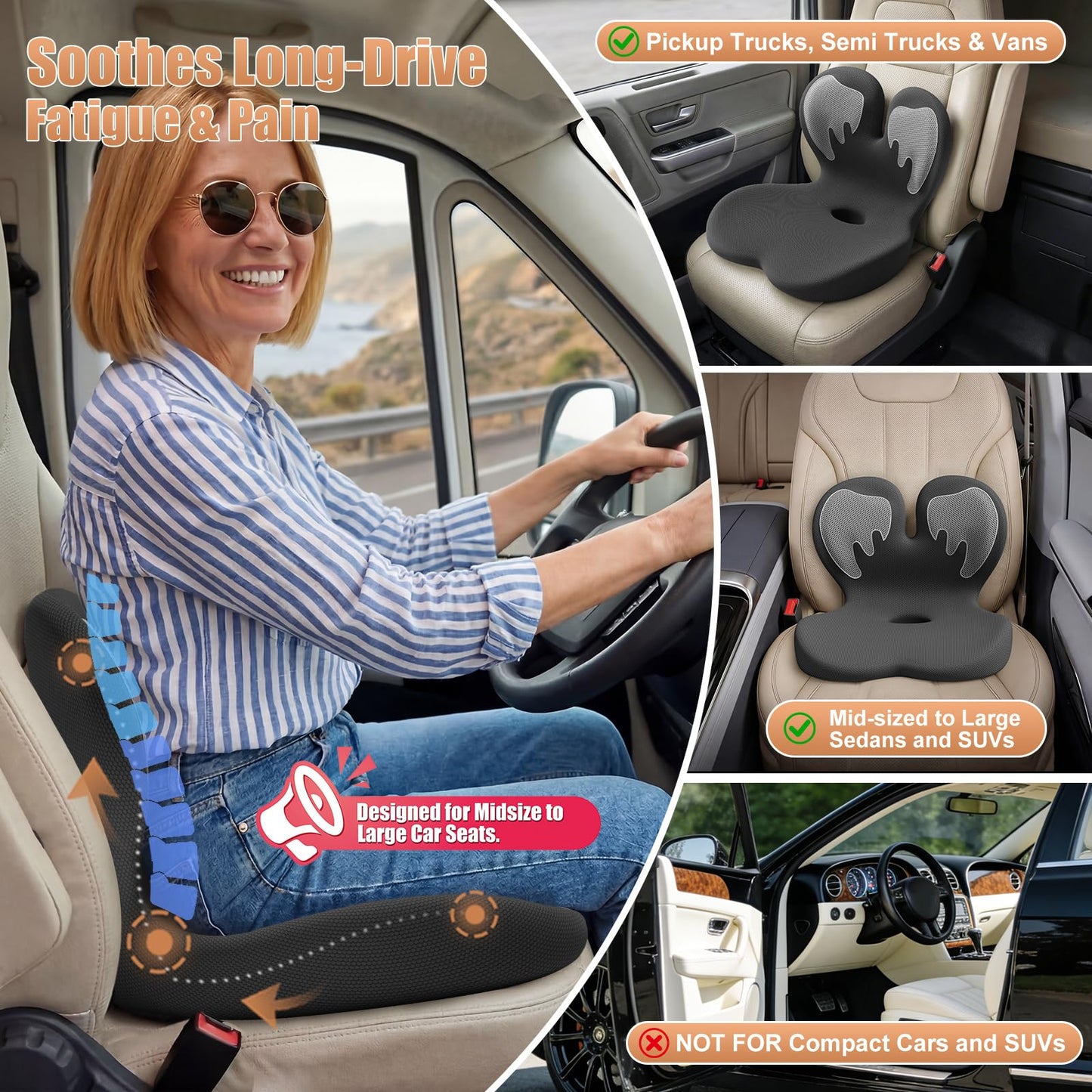 Ergonomic Memory Foam Seat Cushion with Lower Lumbar Support for Tailbone & Sciatica Pain Relief, 3" Lift Seat Cushion for Truck RV Office Wheelchair (Black Wings)