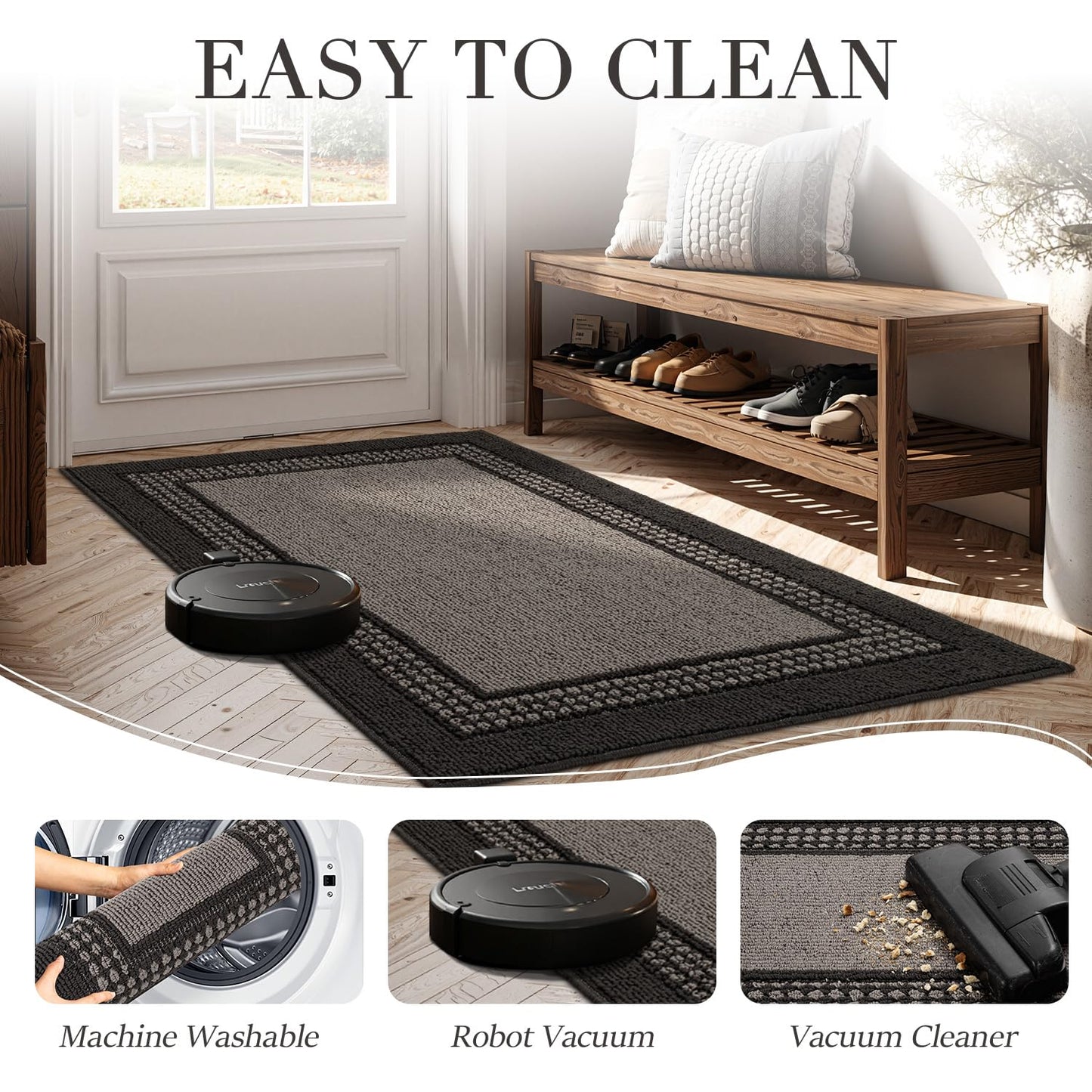 hicorfe Indoor Door Mat,32"x48"Non Slip Absorbent Front Doormat,Mud Trapper Washable Inside Entryway Rug,Low-Profile Floor Mats Rubber Backing Welcome Entrance Rug,Dark Grey