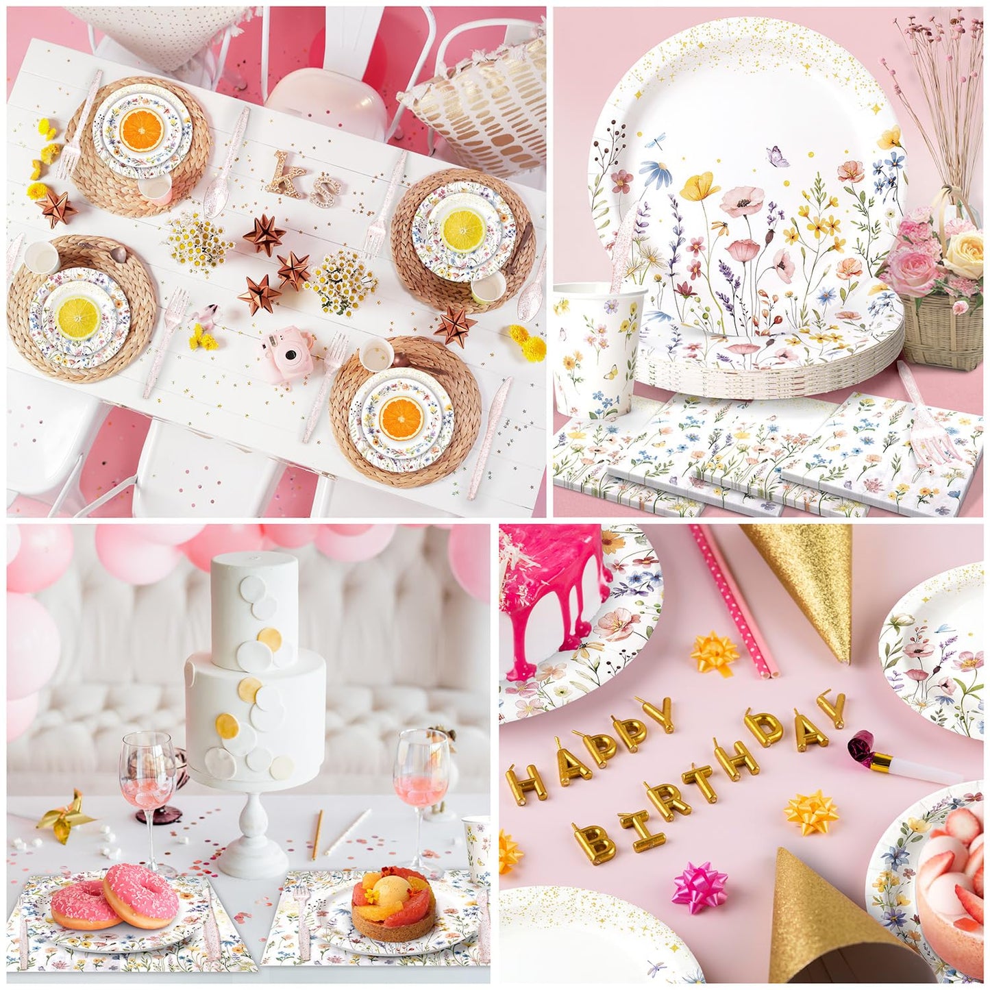202PCS Wildflower Party Decorations Set for 24 Guests – Floral Plates, Cups, Napkins, Banner, Balloons, Tablecloth & Cutlery | Garden Baby Shower, Spring Birthday Party Supplies