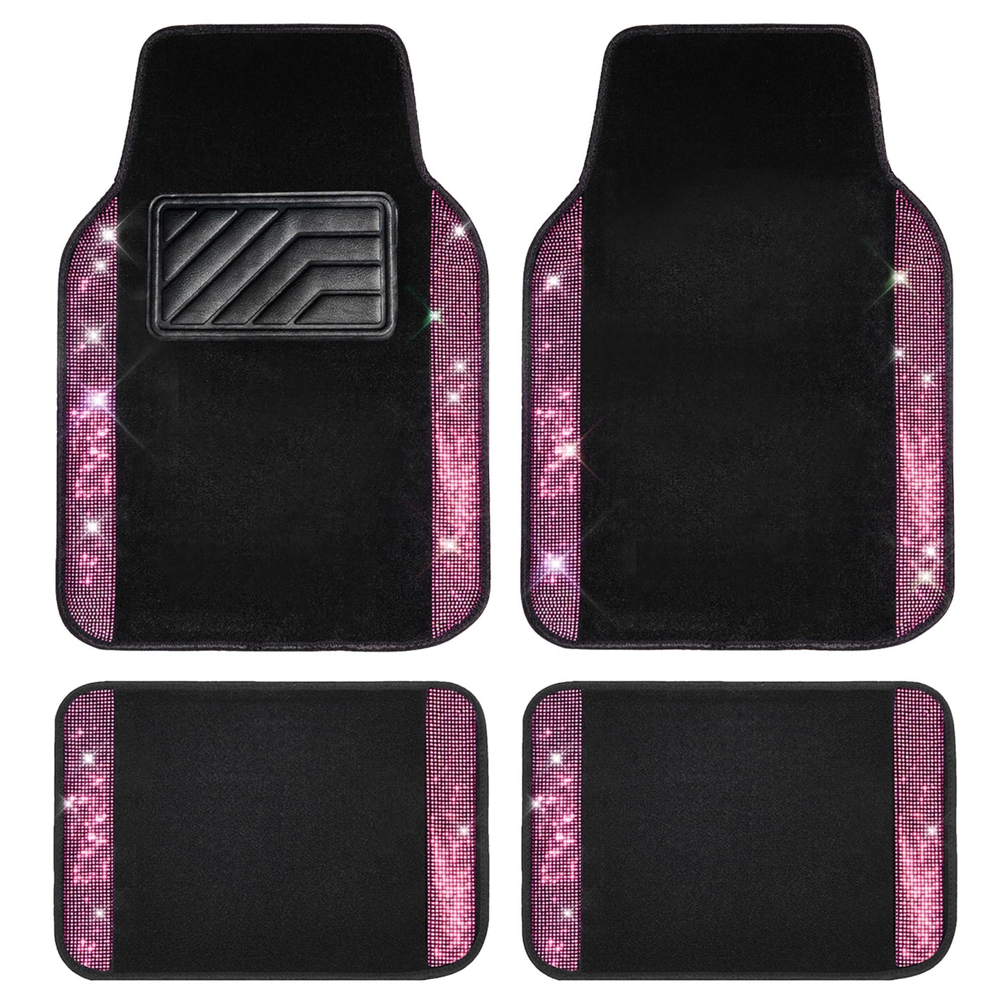 CAR PASS Shining Rhinestones Carpet, Bling Crystal Diamond Sparkly Glitter Car Floor Mat, Anti-Slip PVC Heel Pad Automotive Universal Fit for SUV Sedan Car Van, 4pcs for Girl Cute Women (Black Pink)
