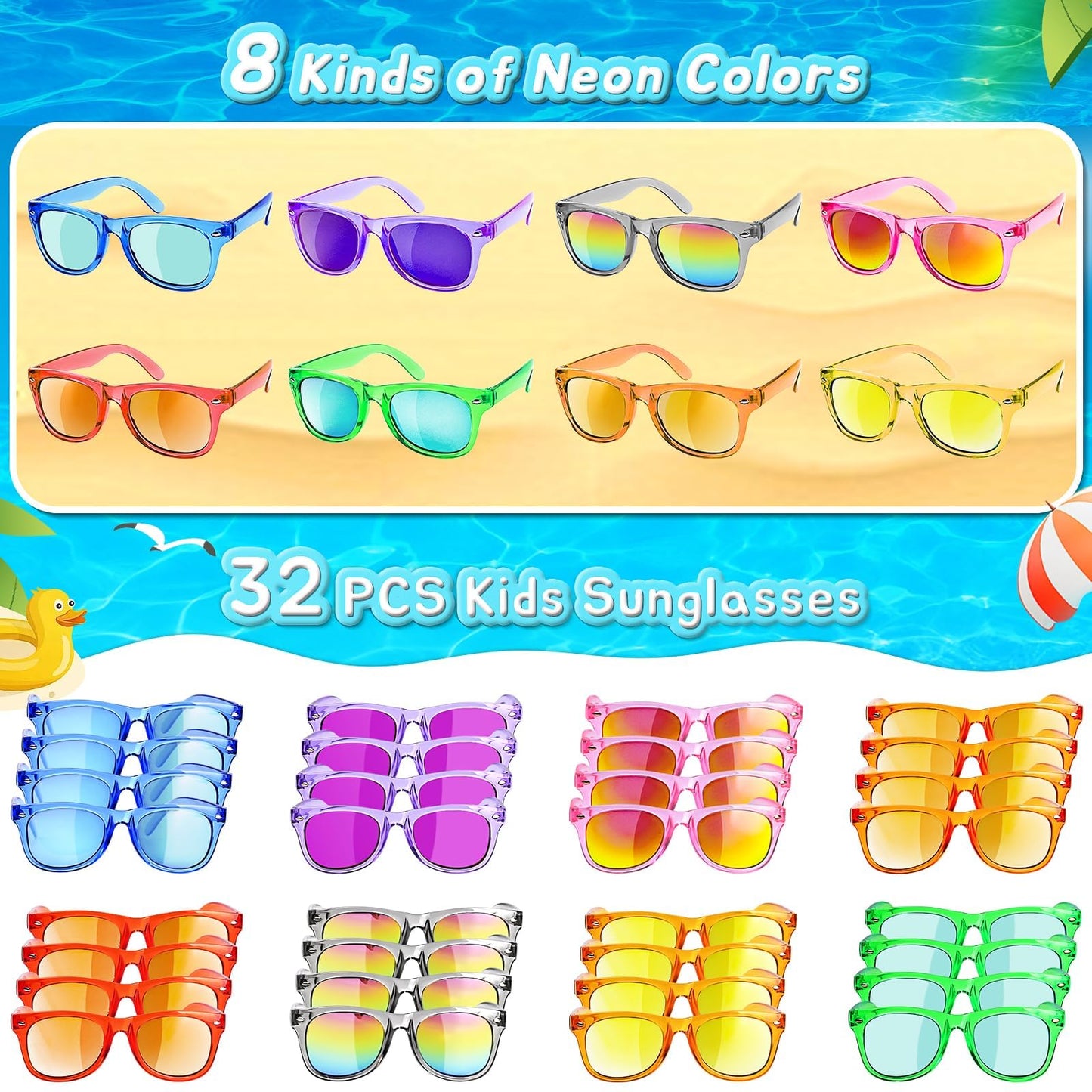 Kids Sunglasses Party Favors - Boys Girls Neon Sunglasses with UV400 Protection for Kids Goodie Bags Stuffers (32 Packs)