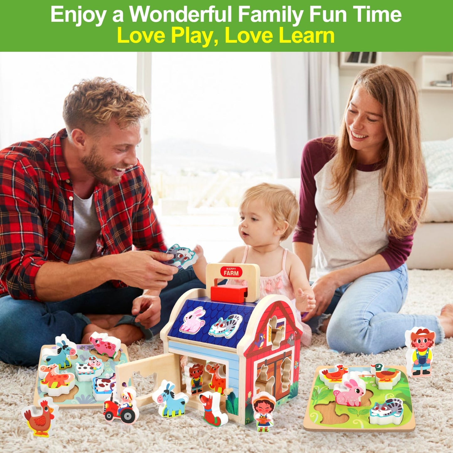 Toddler Montessori Wooden Farm Animal Toys for 1 2 3 Year Old Girls Boys, Sorting Barn Toy with Blocks Puzzles, Baby Shape Sorter Learning Toys, Christmas Birthday Gifts for Toddlers 1-3